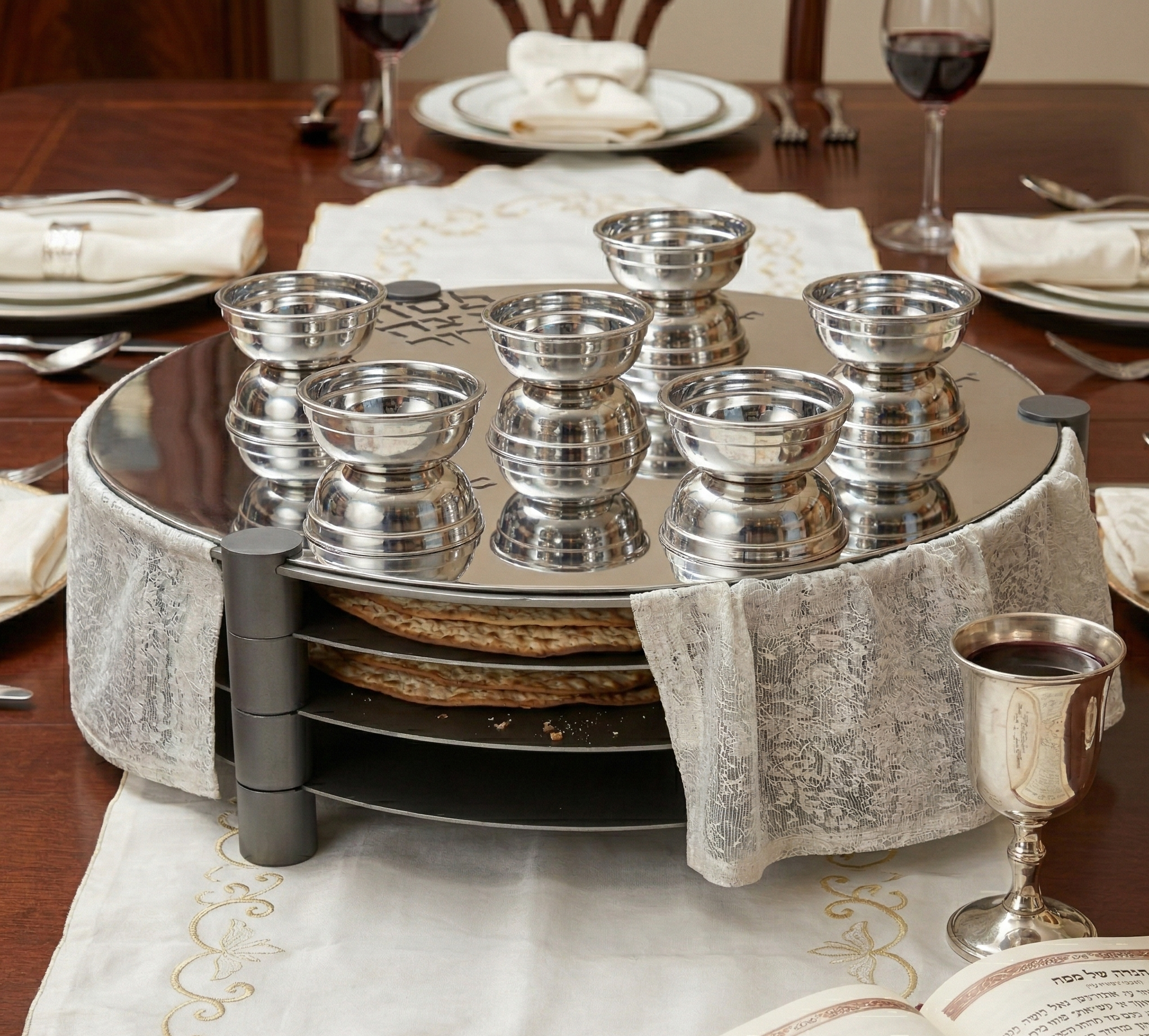 Huge Sterling Silver and Aluminum 3-Tier Seder Plate with Cotton Curtain