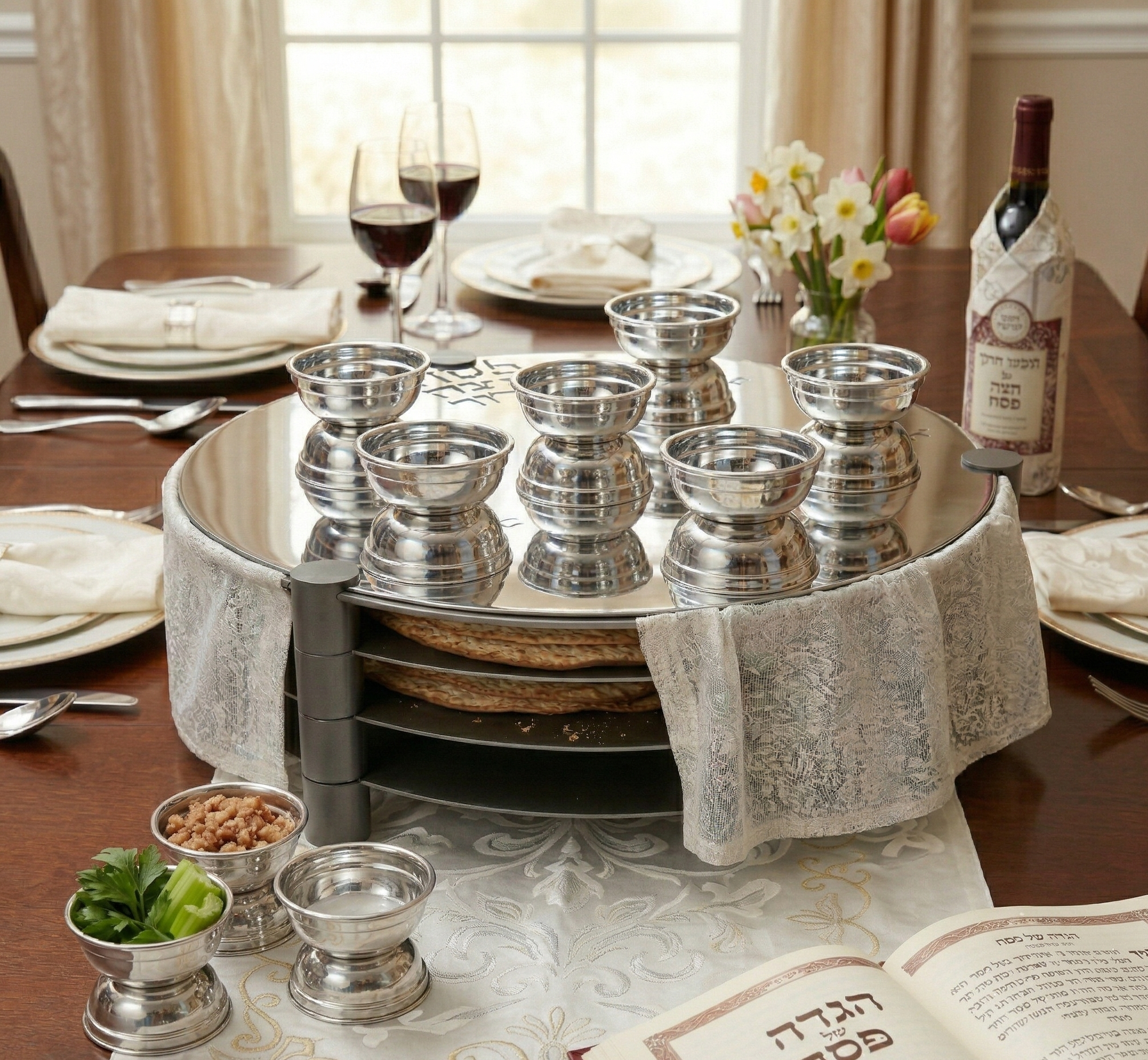 Huge Sterling Silver and Aluminum 3-Tier Seder Plate with Cotton Curtain