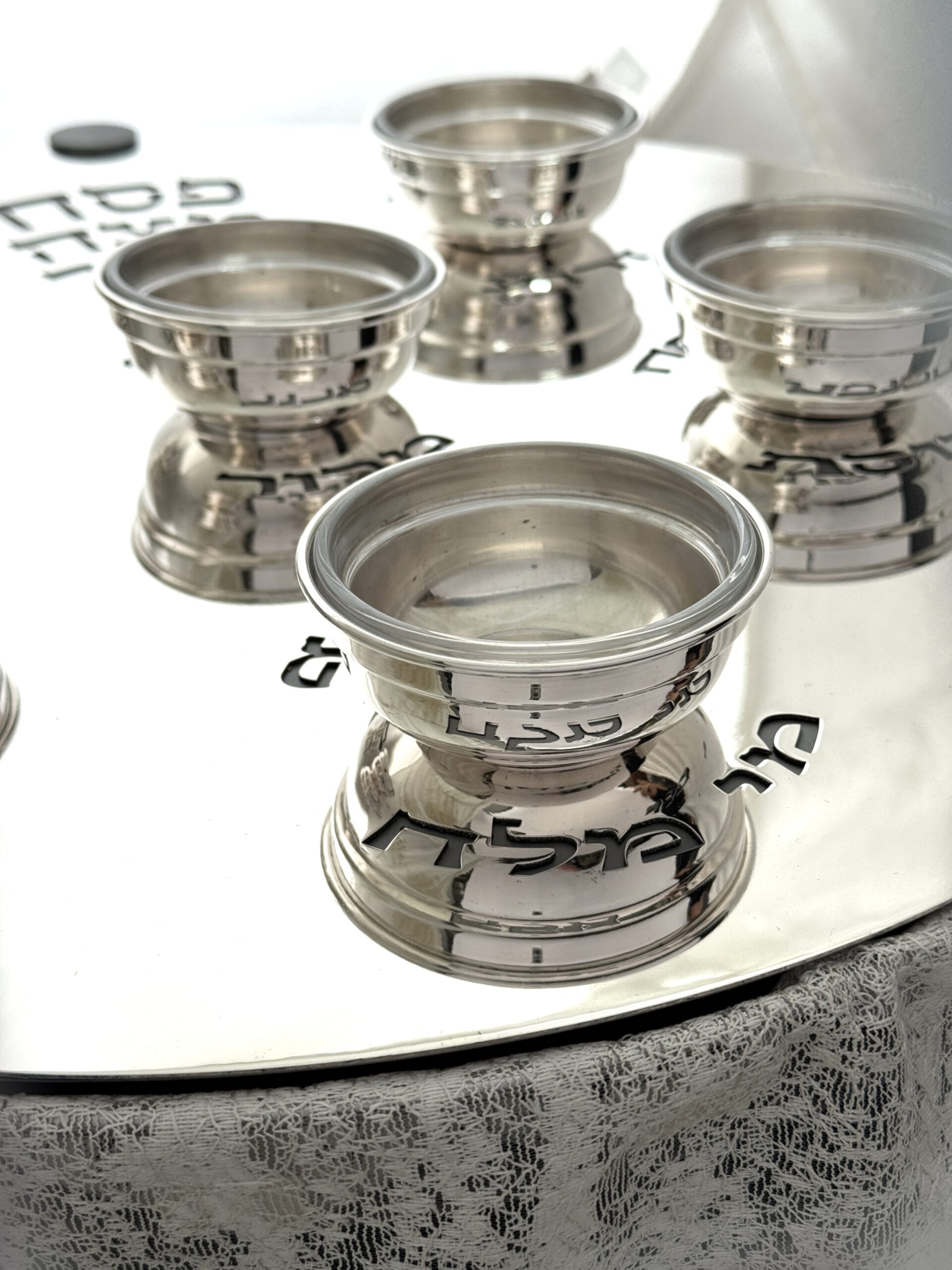Huge Sterling Silver and Aluminum 3-Tier Seder Plate with Cotton Curtain