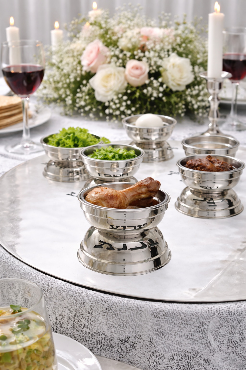Huge Sterling Silver and Aluminum 3-Tier Seder Plate with Cotton Curtain
