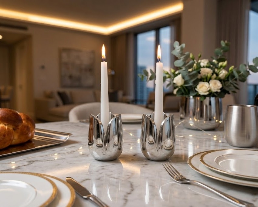 Shiny Flower Travel Shabbat Candlesticks – Maintenance Free