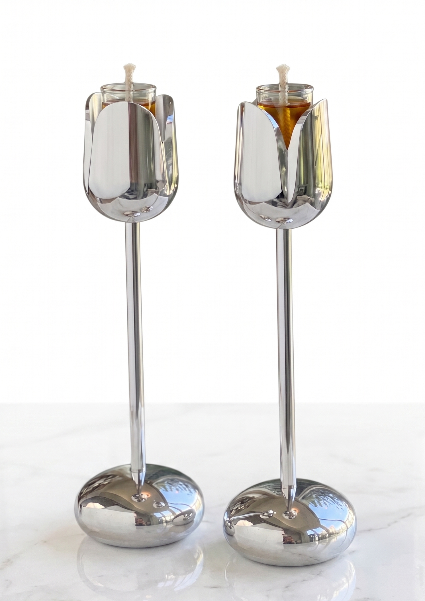 Silver and Gold Coated Tea Light Candle Holders with Open Petal Flower