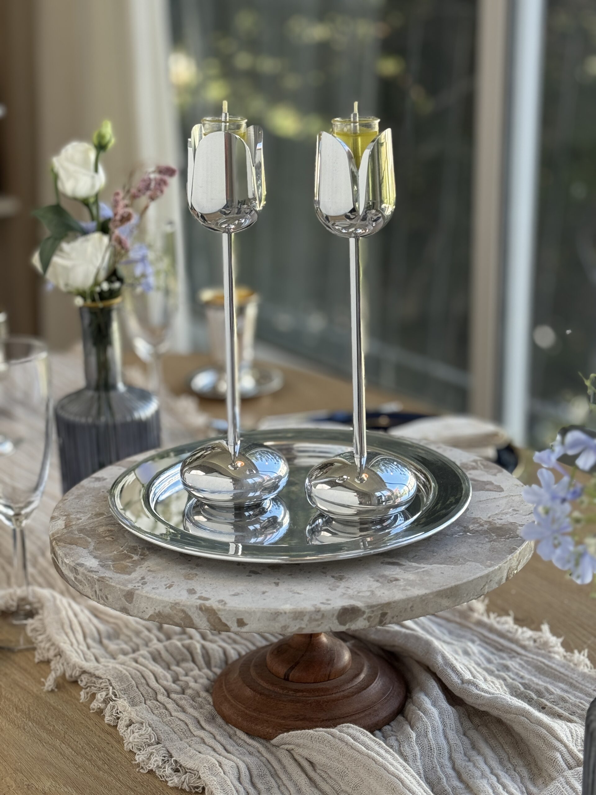 Silver and Gold Coated Tea Light Candle Holders with Open Petal Flower