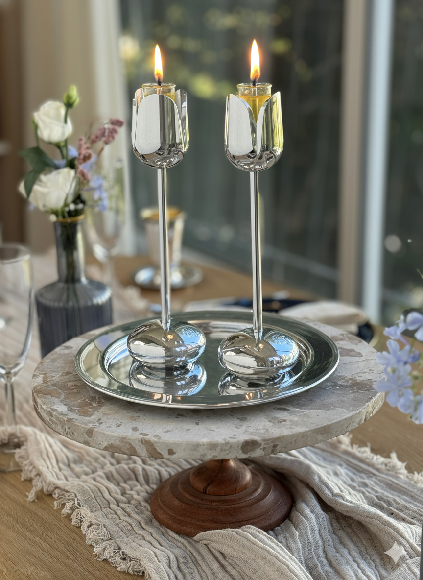 Silver and Gold Coated Tea Light Candle Holders with Open Petal Flower