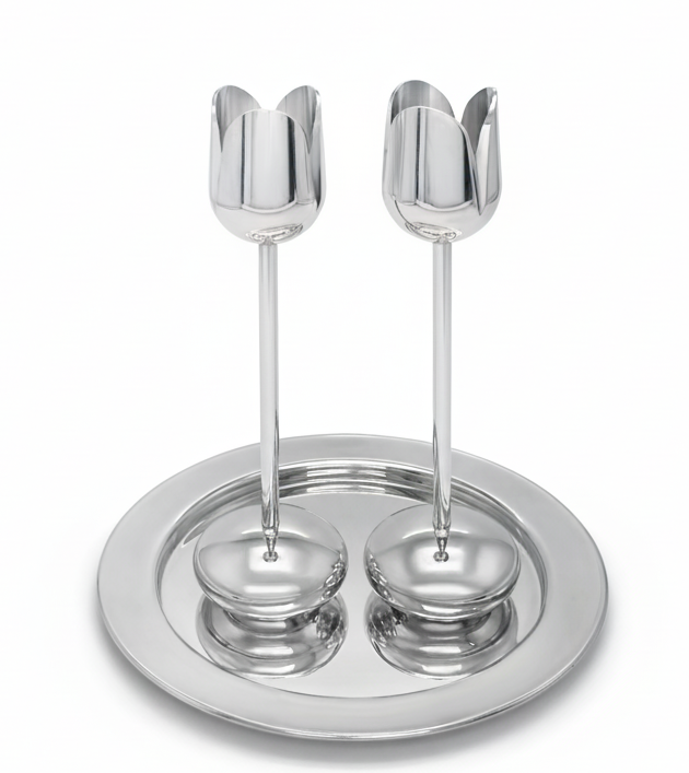 Sparkling Shiny Finish Metal Tulip Shape Candle Holders With Tray (Copy)