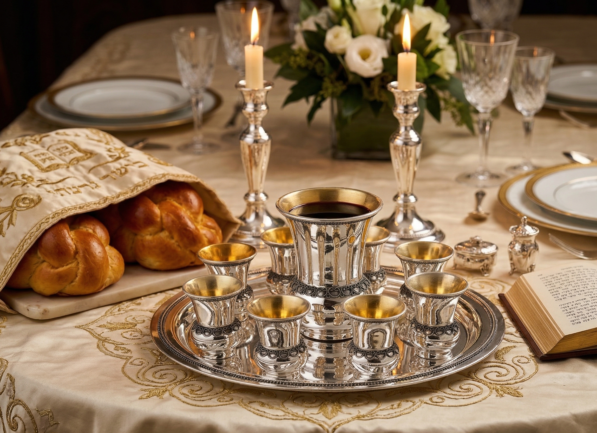 Sterling Silver Filigree Kiddush Cup Set with Eight Cups and Tray