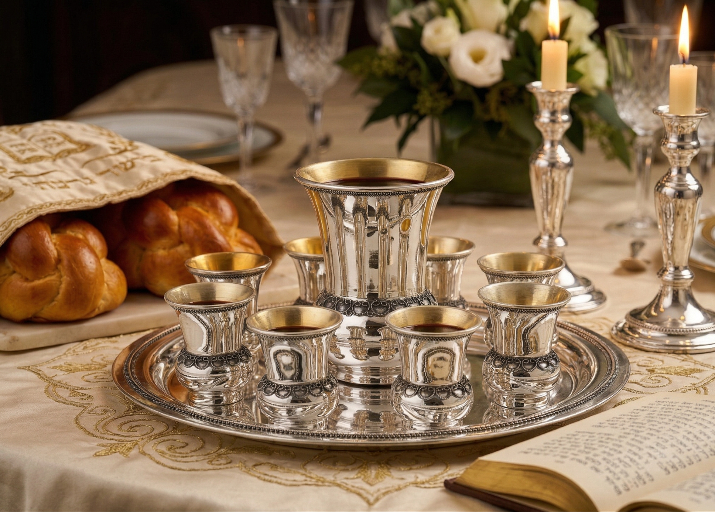 Sterling Silver Filigree Kiddush Cup Set with Eight Cups and Tray