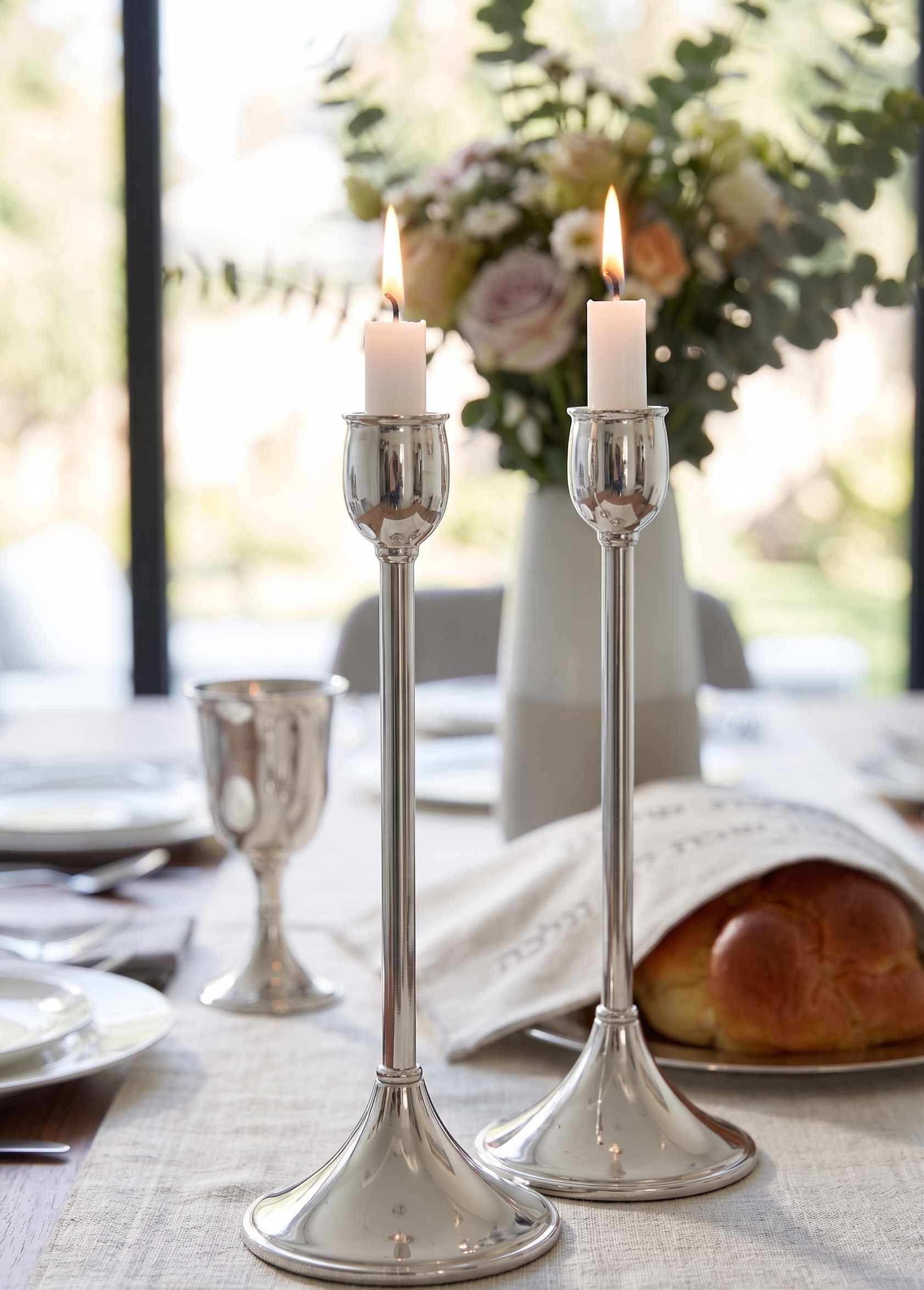 Contemporary Tall Pure Silver Pillar Tulip Candlesticks for Tealights