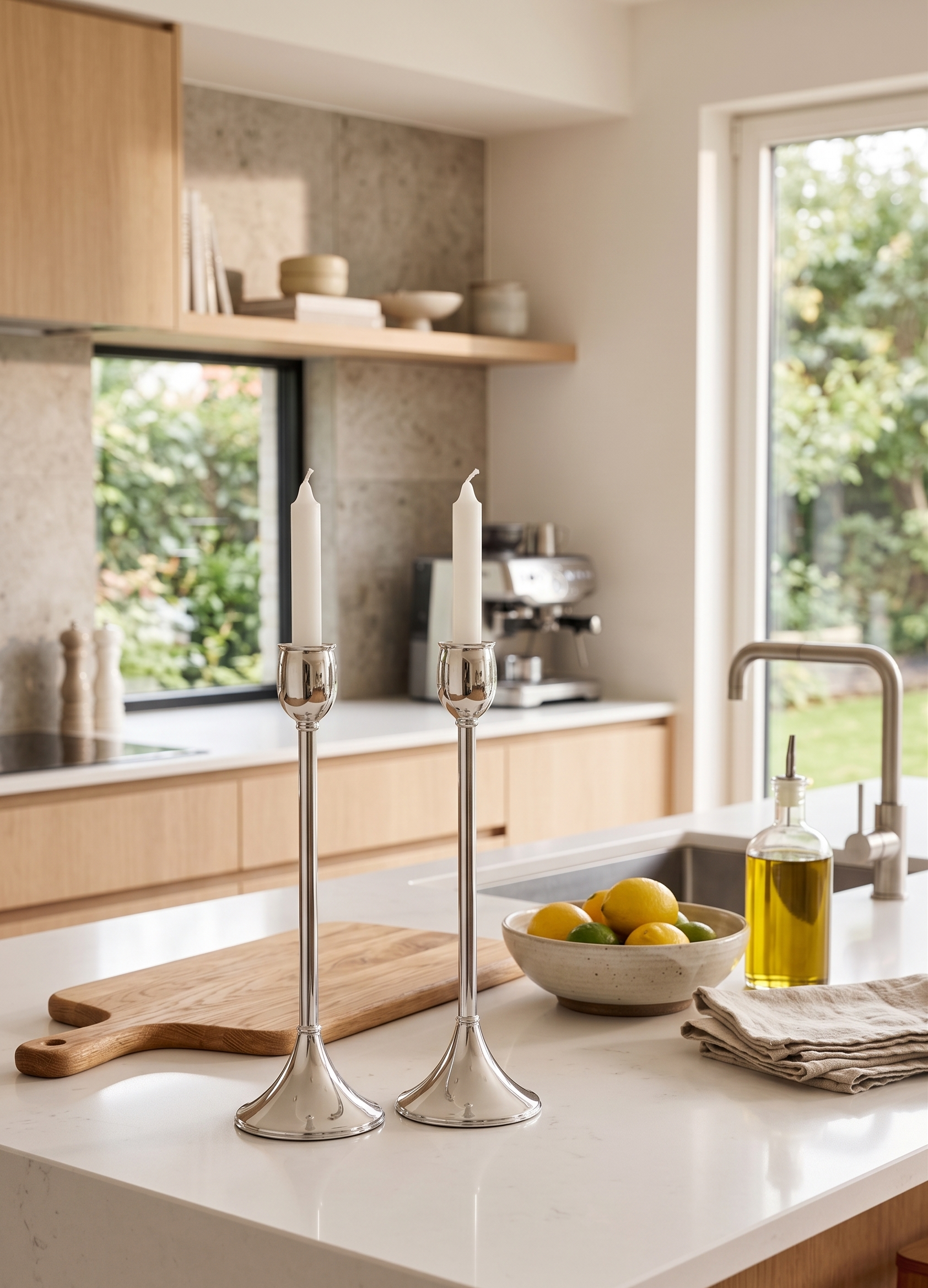 Contemporary Tall Pure Silver Pillar Tulip Candlesticks for Tealights
