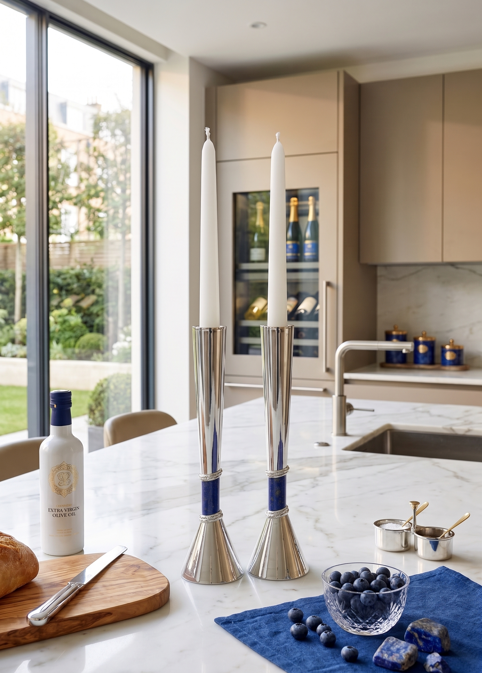 Contemporary Tall Silver Candle Holders with Blue Lapis Gemstone
