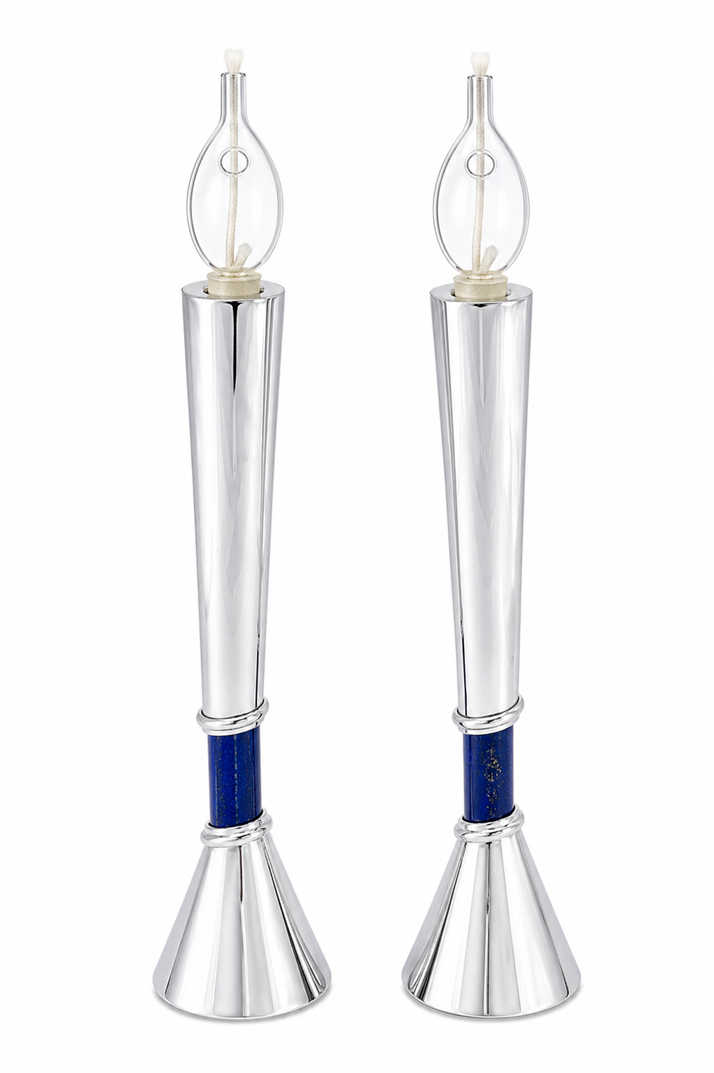 Contemporary Tall Silver Candle Holders with Blue Lapis Gemstone