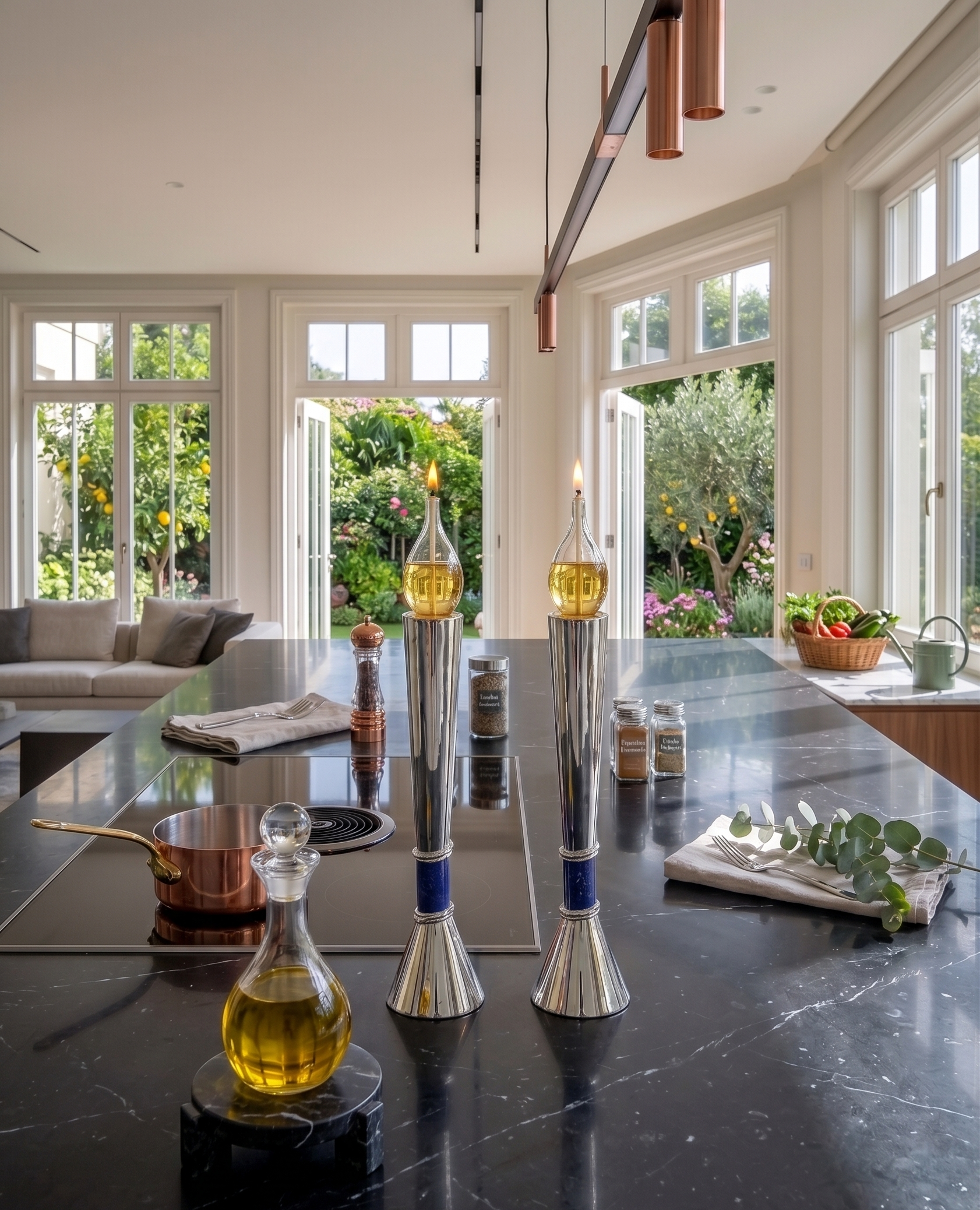 Contemporary Tall Silver Candle Holders with Blue Lapis Gemstone