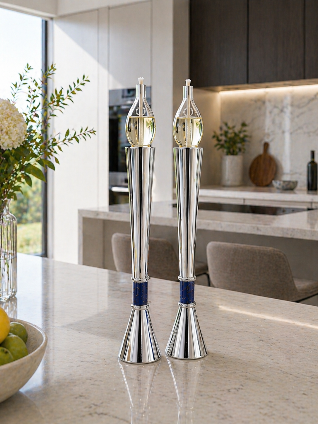 Contemporary Tall Silver Candle Holders with Blue Lapis Gemstone