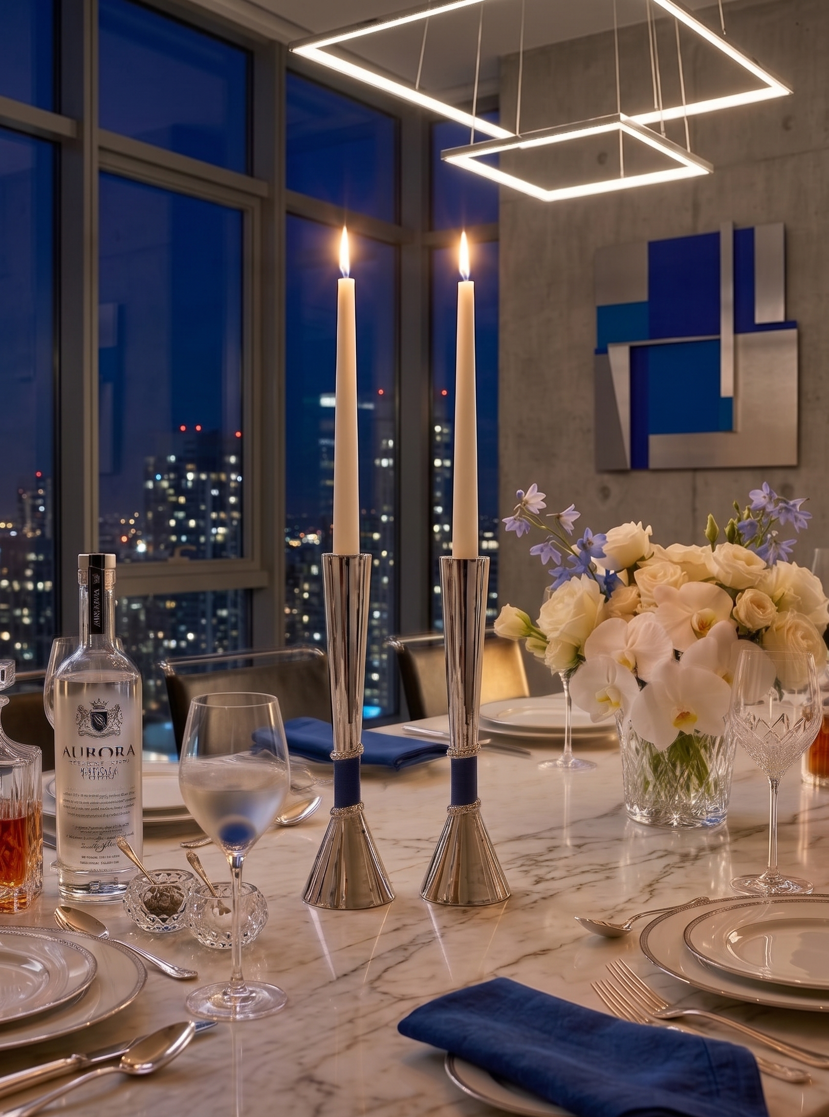 Contemporary Tall Silver Candle Holders with Blue Lapis Gemstone