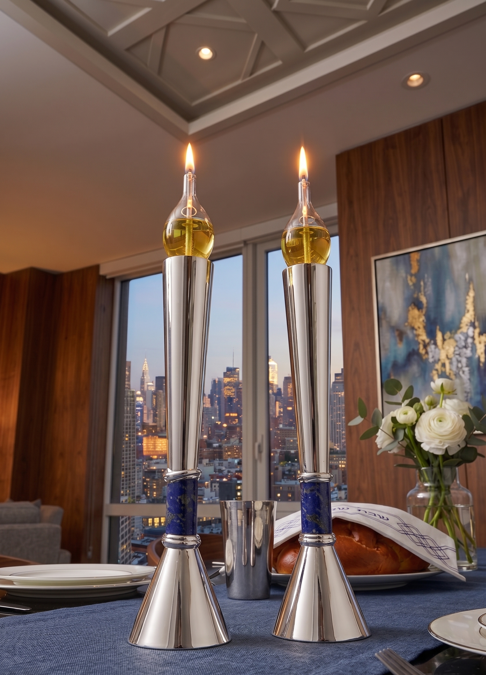 Contemporary Tall Silver Candle Holders with Blue Lapis Gemstone