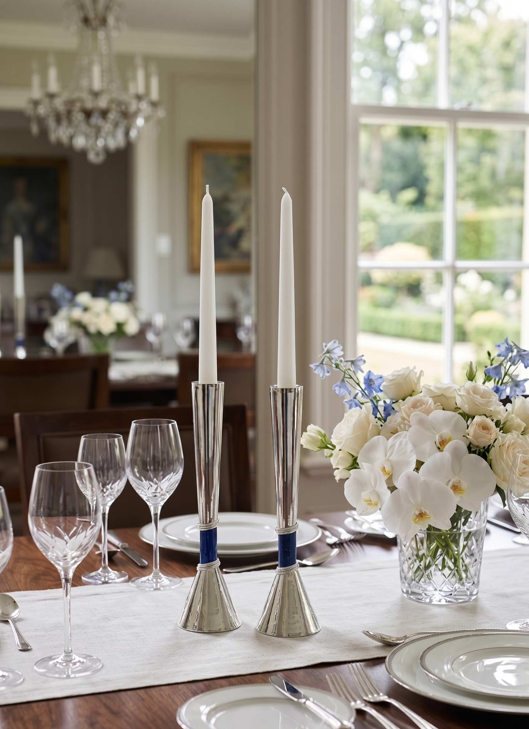 Contemporary Tall Silver Candle Holders with Blue Lapis Gemstone