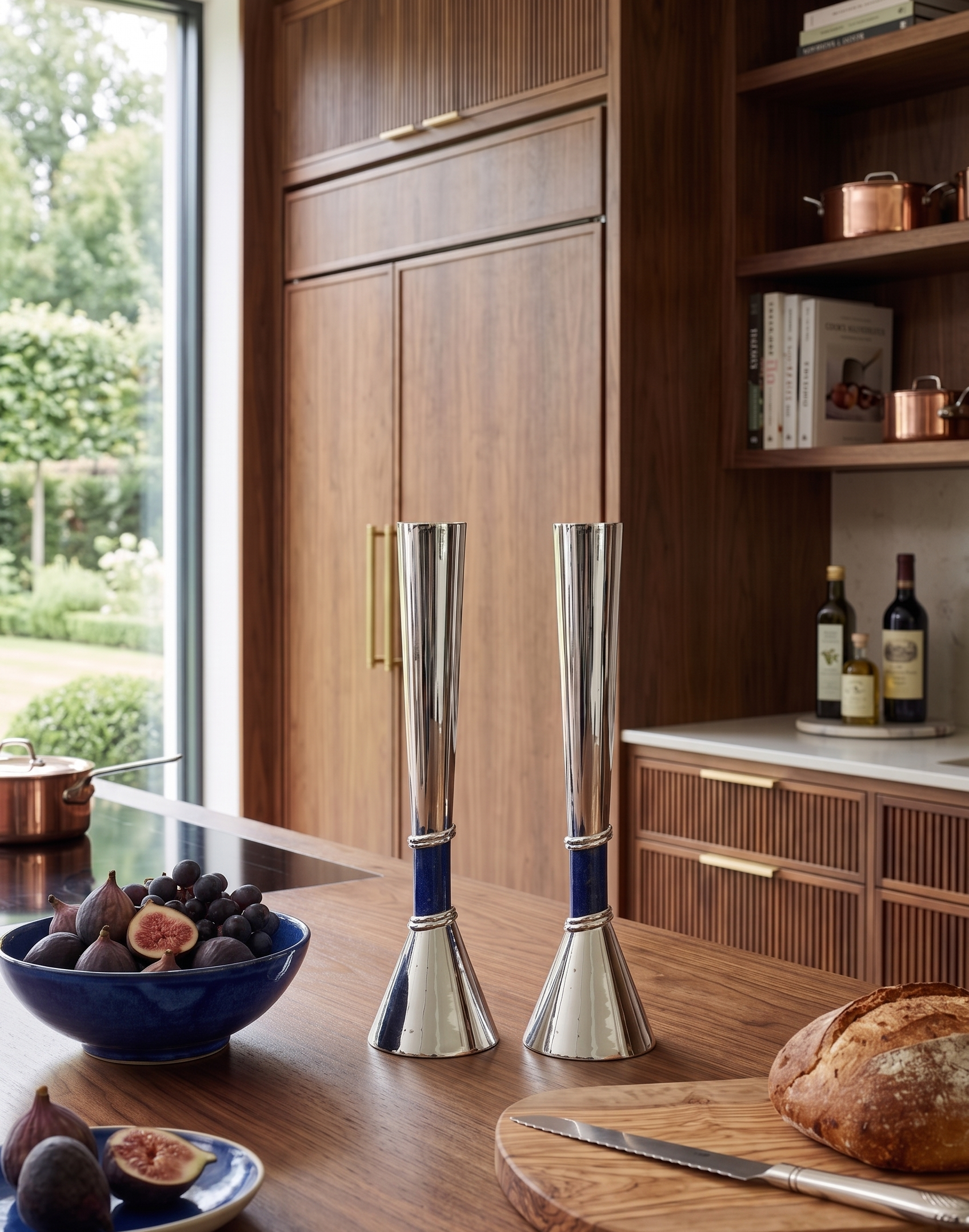 Contemporary Tall Silver Candle Holders with Blue Lapis Gemstone