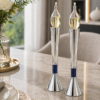 Contemporary Tall Silver Candle Holders with Blue Lapis Gemstone