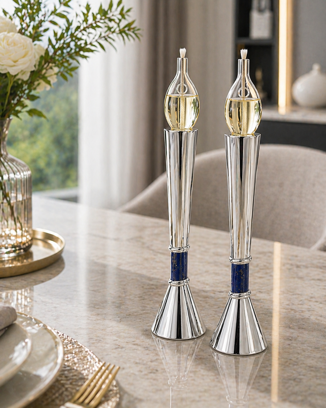 Contemporary Tall Silver Candle Holders with Blue Lapis Gemstone