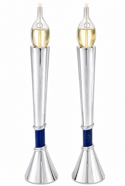 Contemporary Tall Silver Candle Holders with Blue Lapis Gemstone