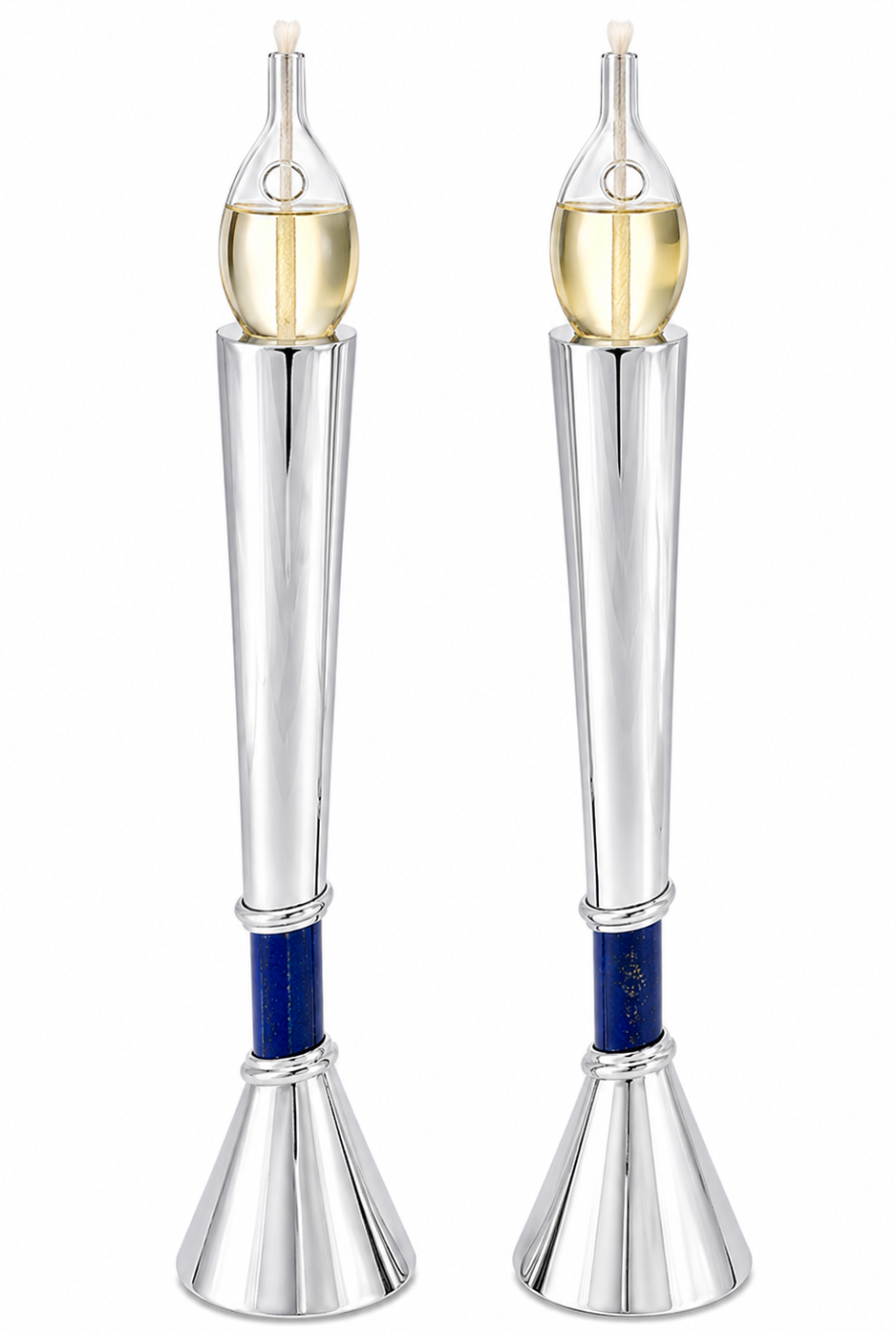 Contemporary Tall Silver Candle Holders with Blue Lapis Gemstone
