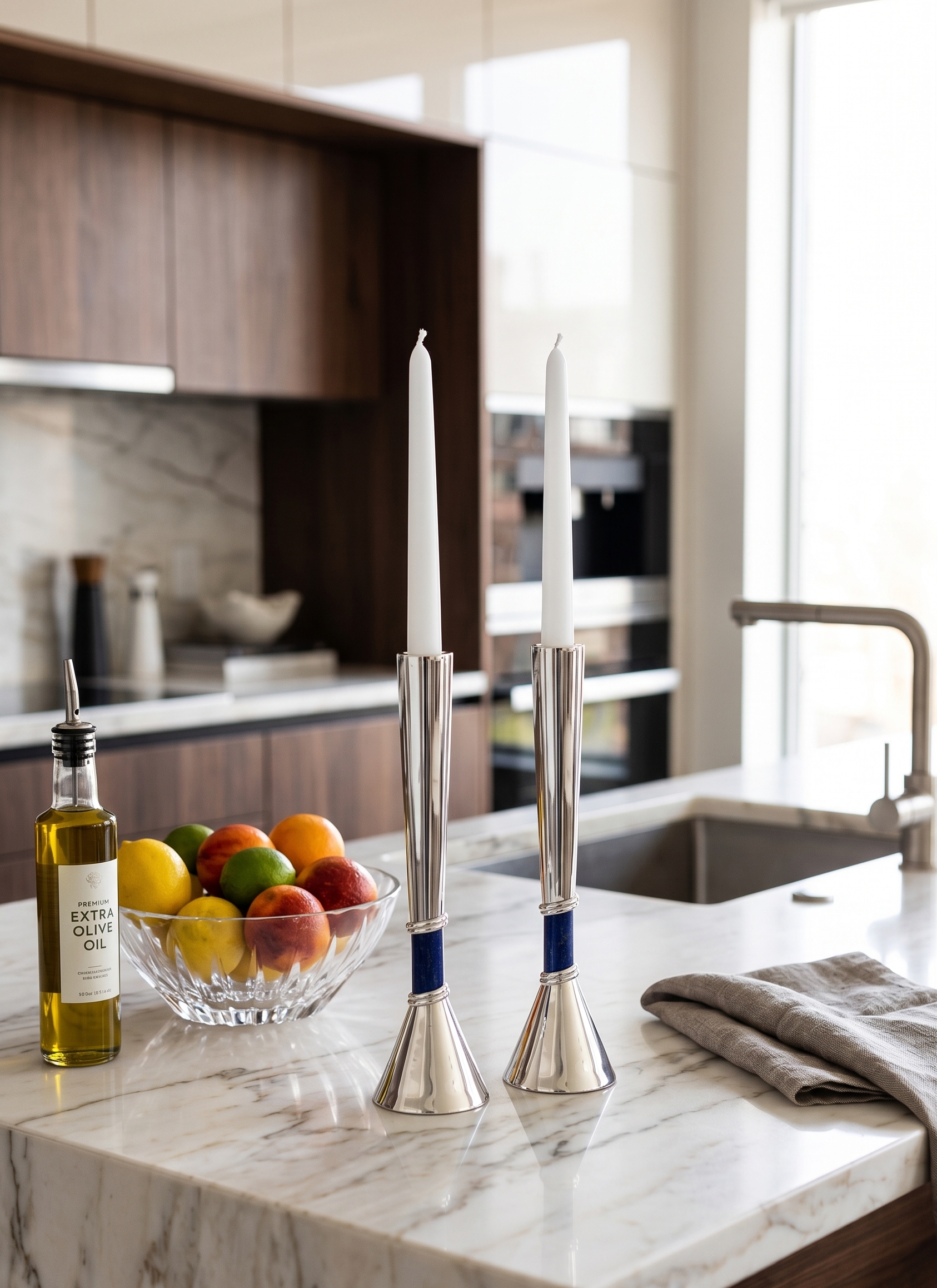 Contemporary Tall Silver Candle Holders with Blue Lapis Gemstone