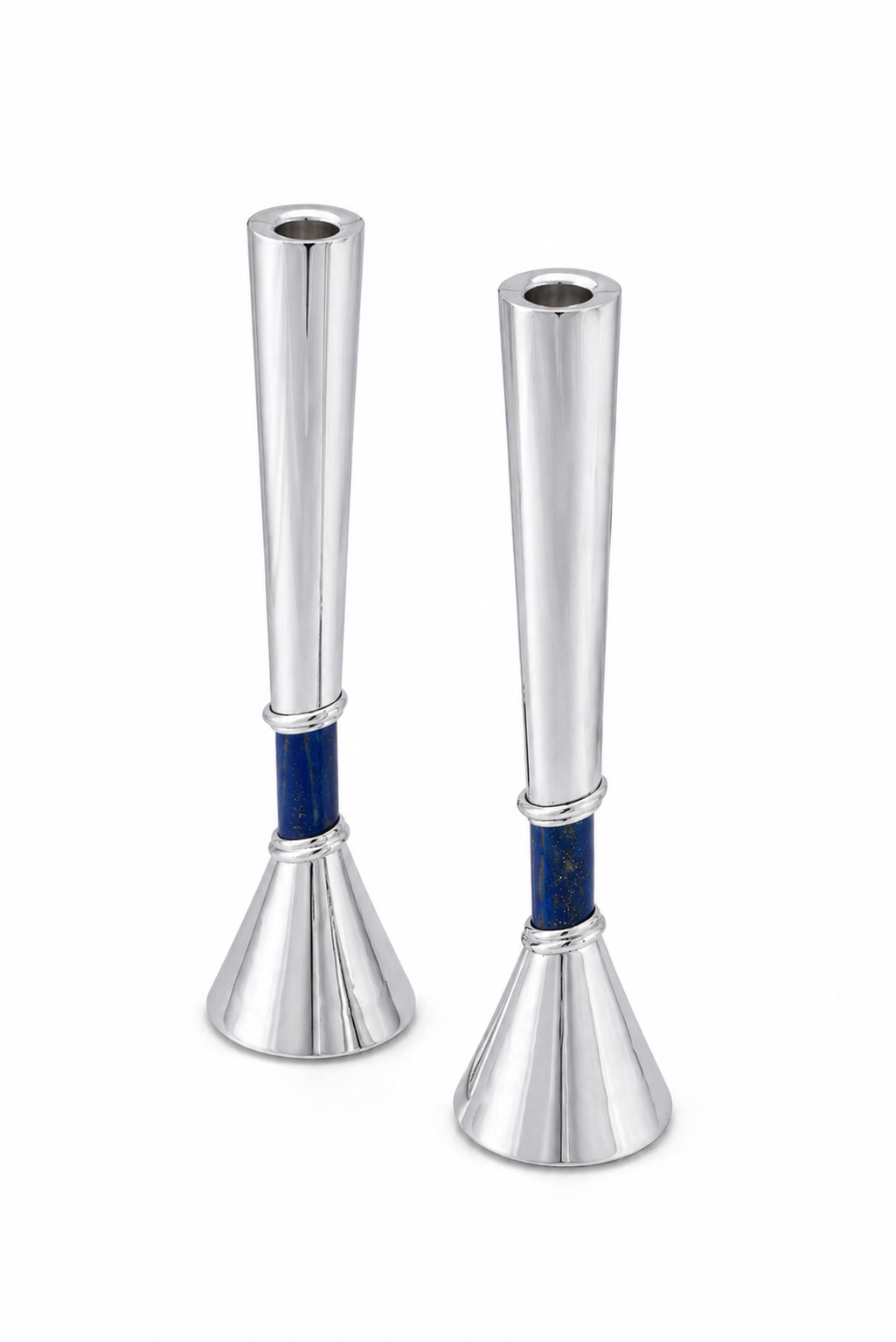 Contemporary Tall Silver Candle Holders with Blue Lapis Gemstone