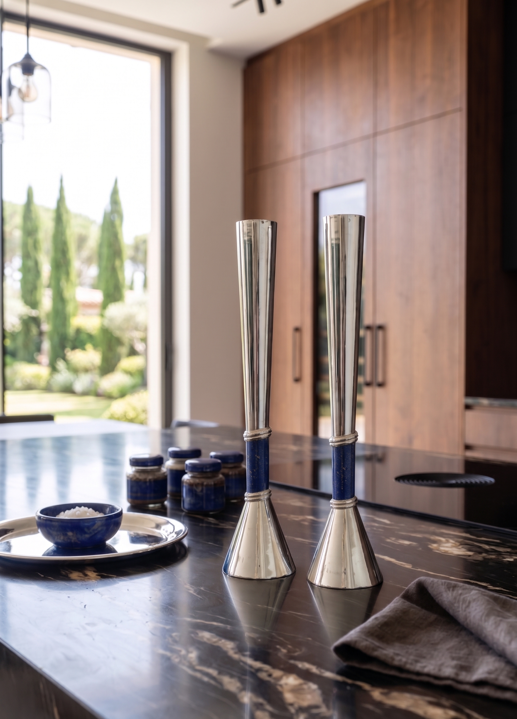 Contemporary Tall Silver Candle Holders with Blue Lapis Gemstone