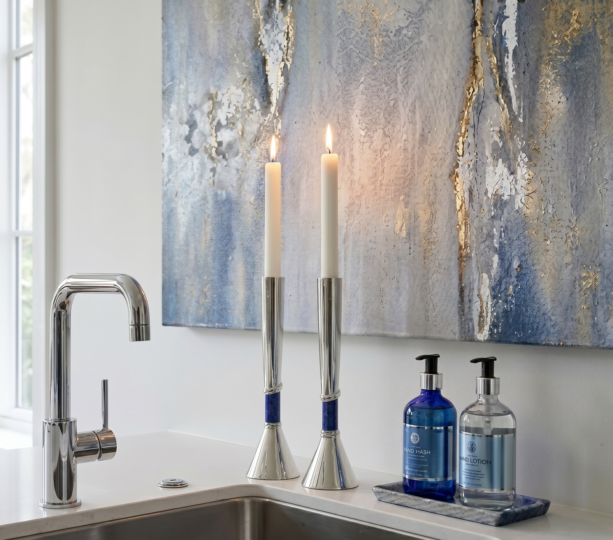 Contemporary Tall Silver Candle Holders with Blue Lapis Gemstone