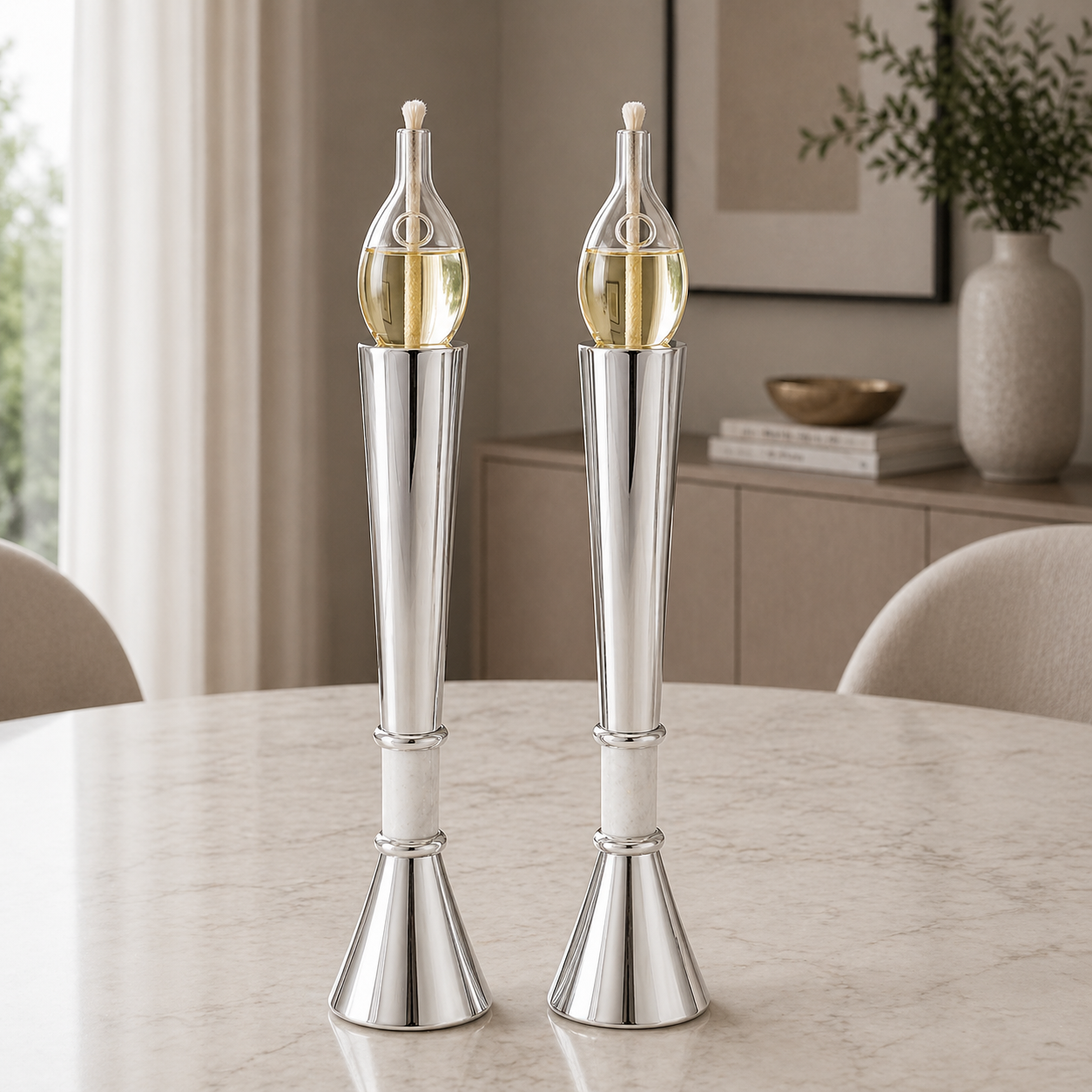 Contemporary Tall Silver Candle Holders with Blue Lapis Gemstone