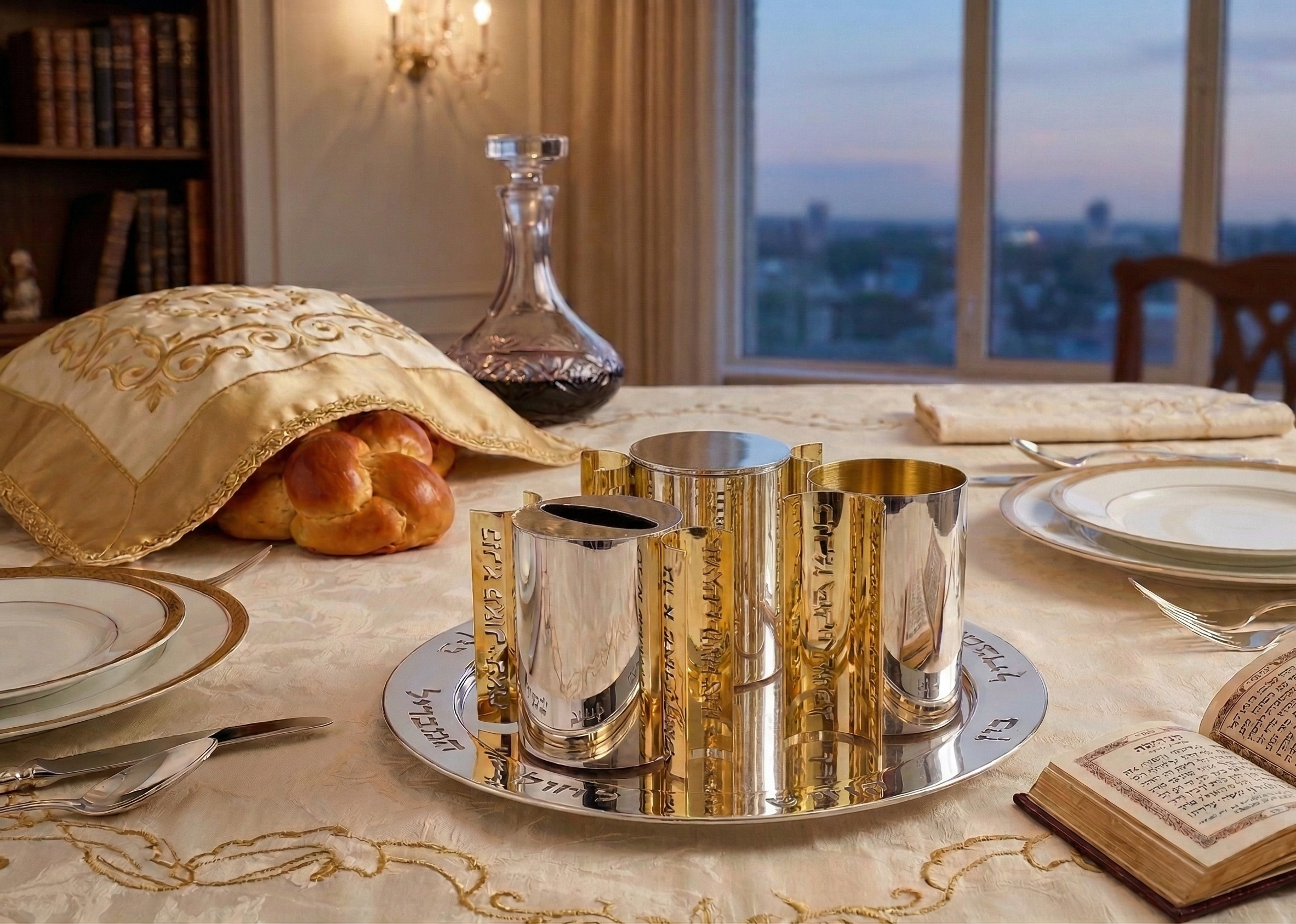 Slanted-Top Modern Sterling Silver Havdalah Set with Arch Handles