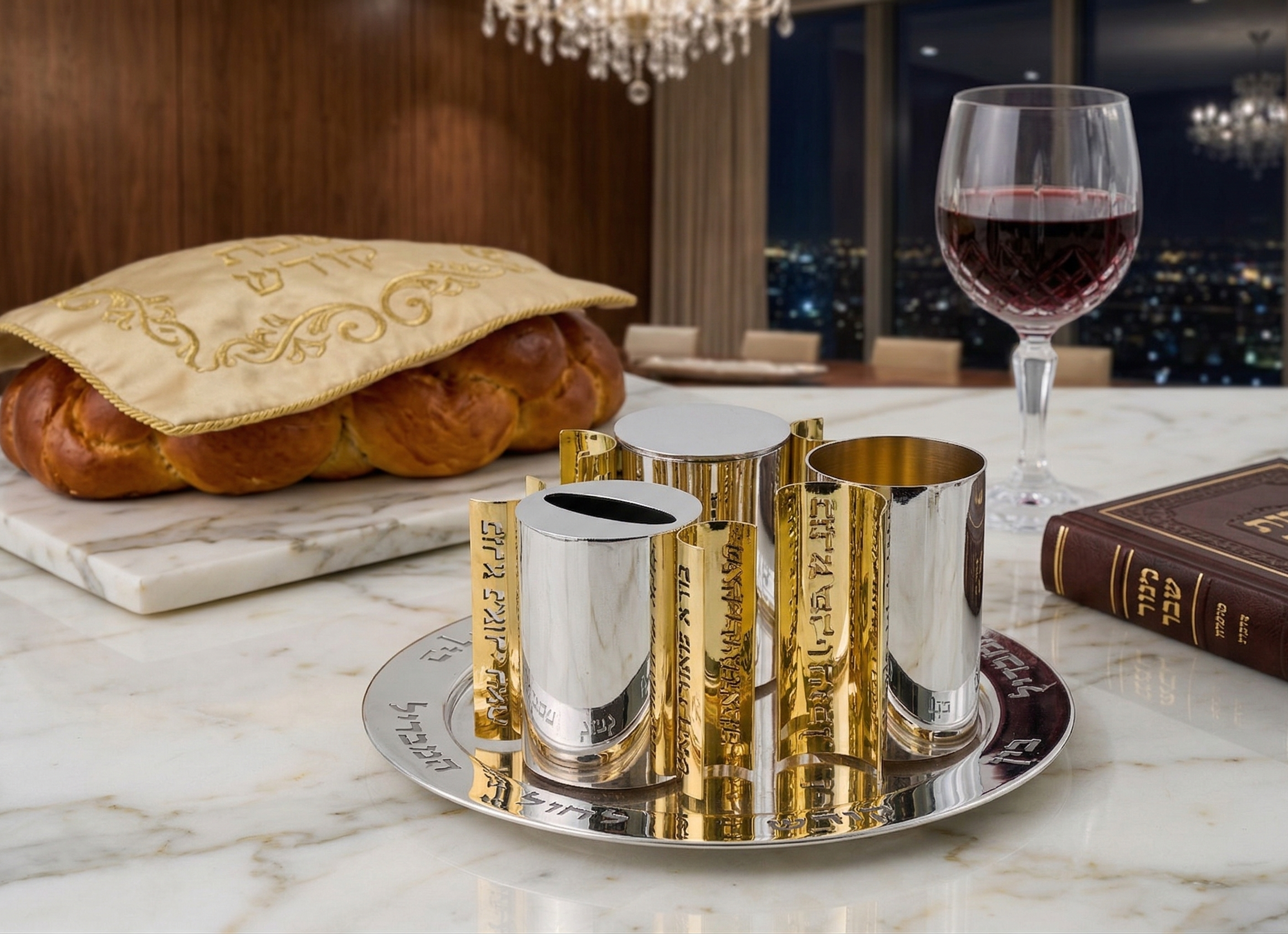 Slanted-Top Modern Sterling Silver Havdalah Set with Arch Handles