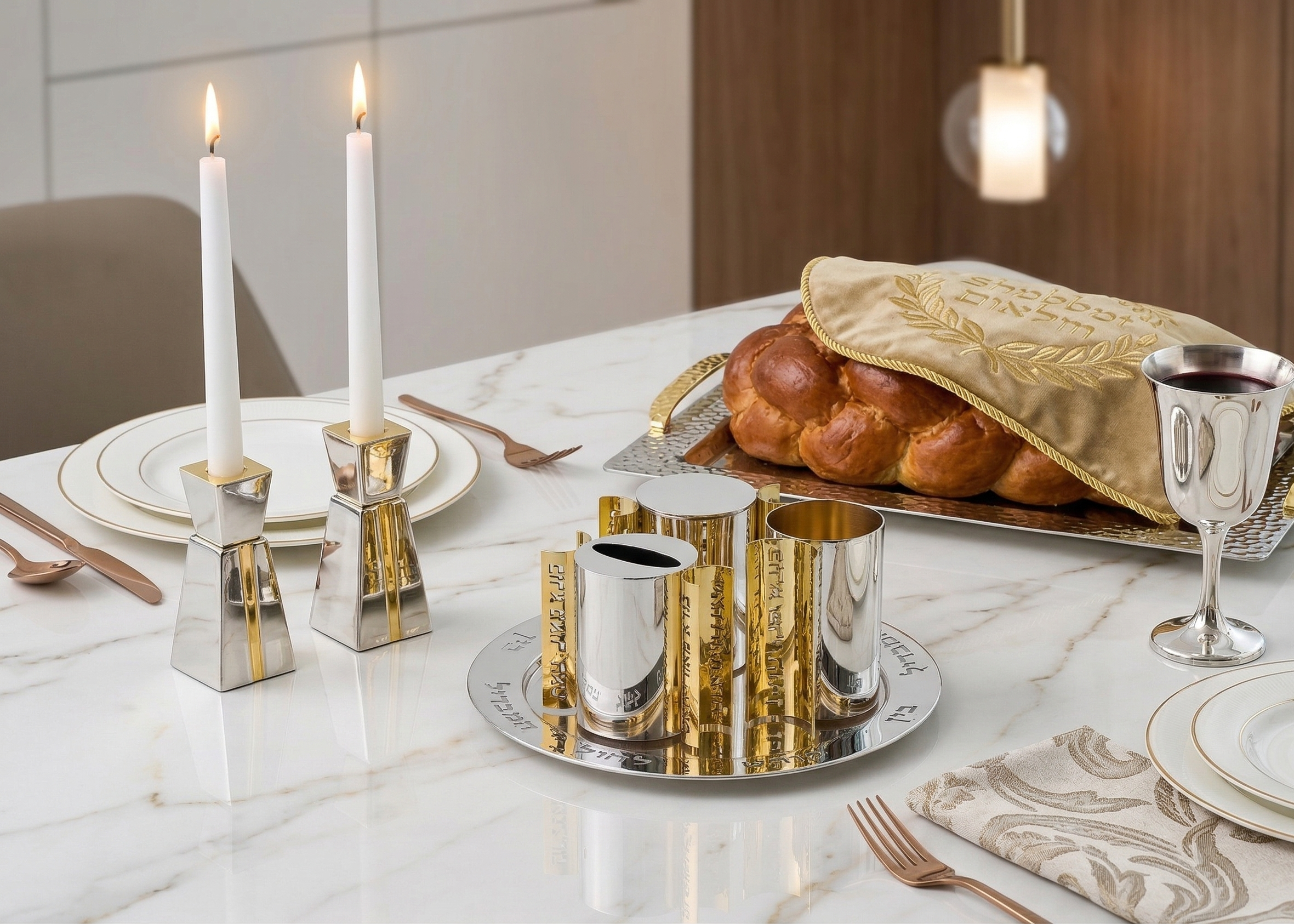 Slanted-Top Modern Sterling Silver Havdalah Set with Arch Handles