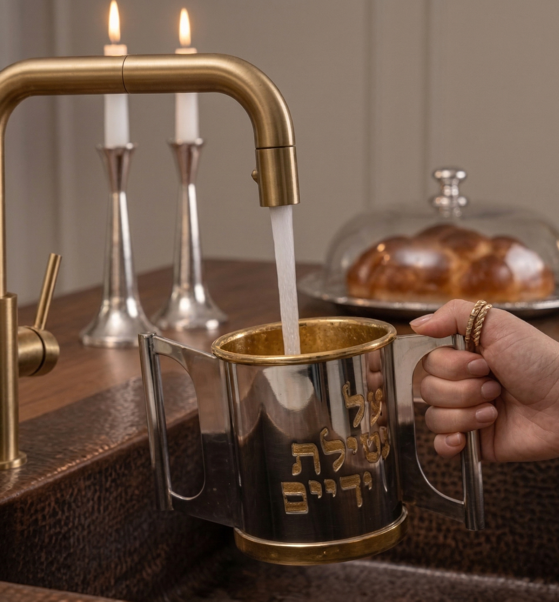 Opposing Handles Sterling Silver and Gold Brass Washing Cup