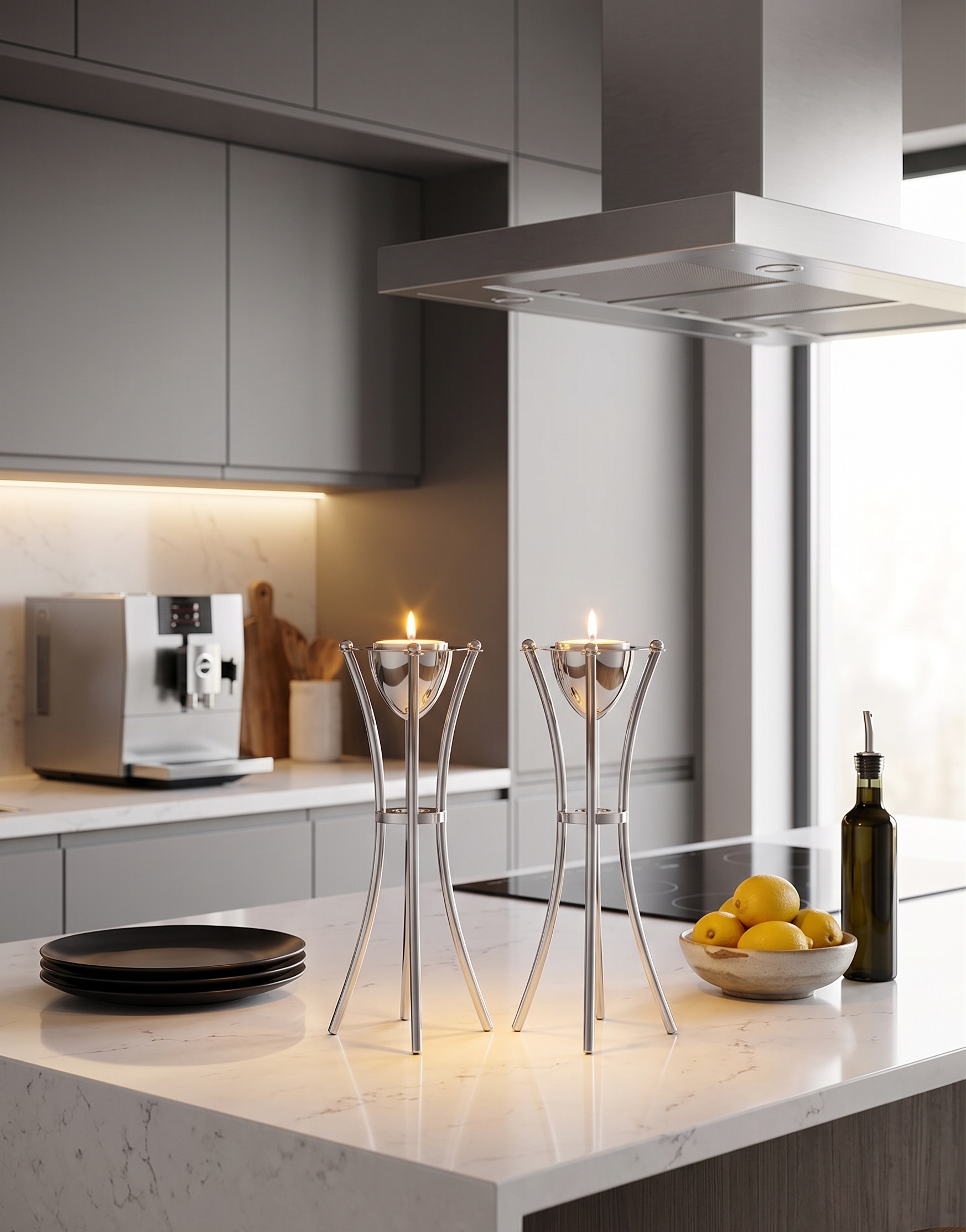 Tall Minimalist Airy Frame Candlesticks with Floating Silver Holders