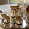 Sterling Silver Filigree Kiddush Cup Set with Eight Cups and Tray