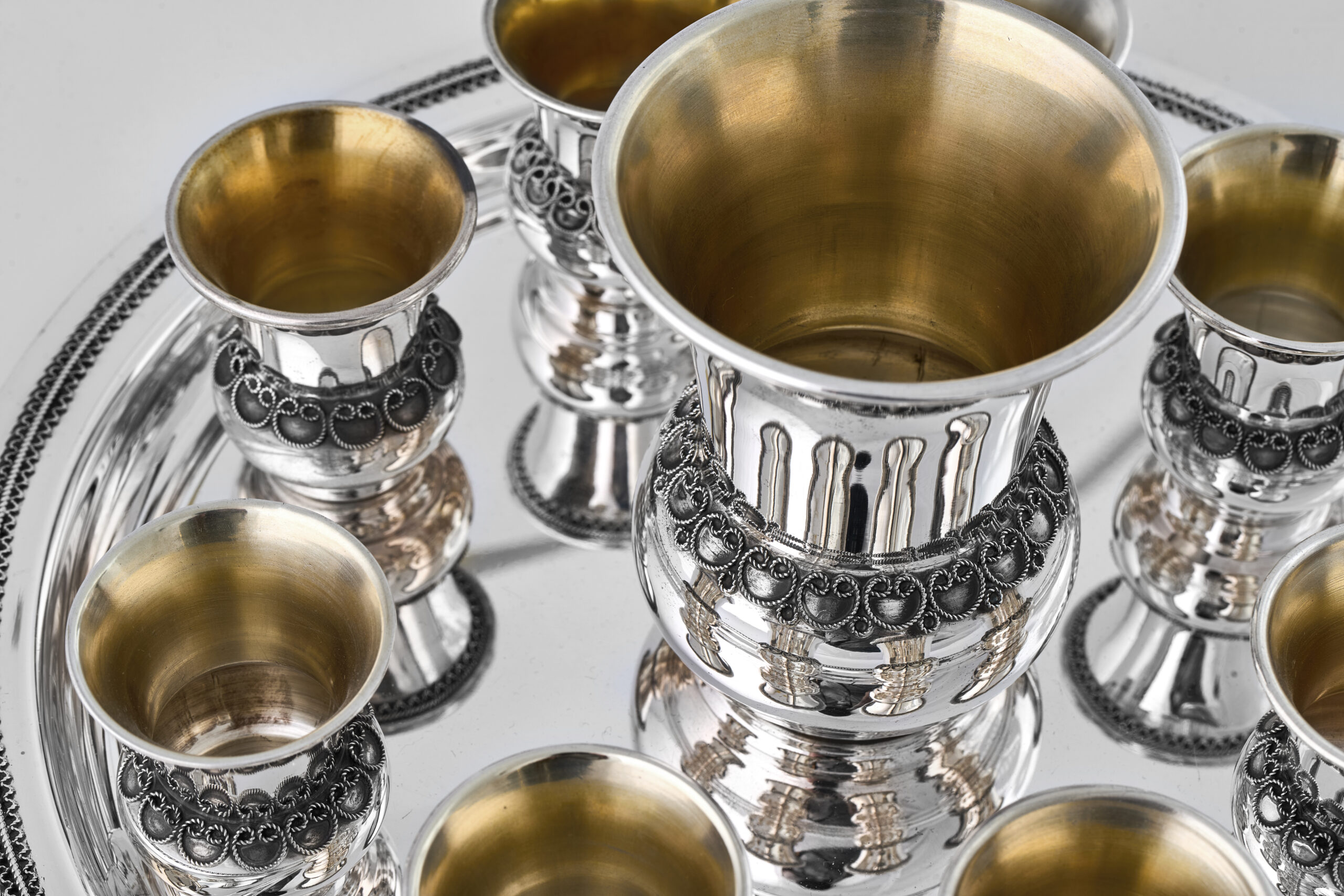 Sterling Silver Filigree Kiddush Cup Set with Eight Cups and Tray