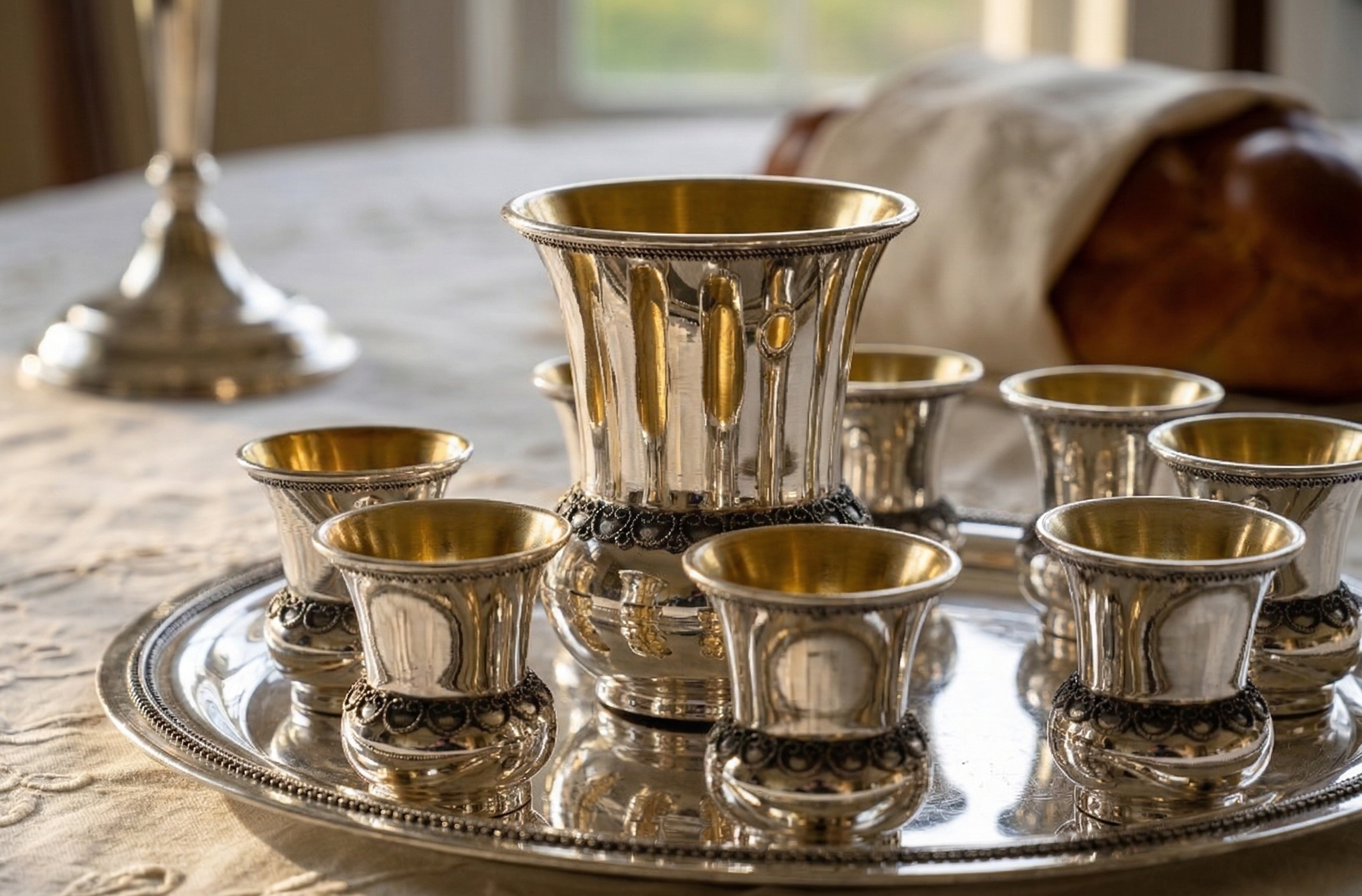 Sterling Silver Filigree Kiddush Cup Set with Eight Cups and Tray