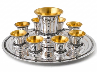Sterling Silver Filigree Kiddush Cup Set with Eight Cups and Tray