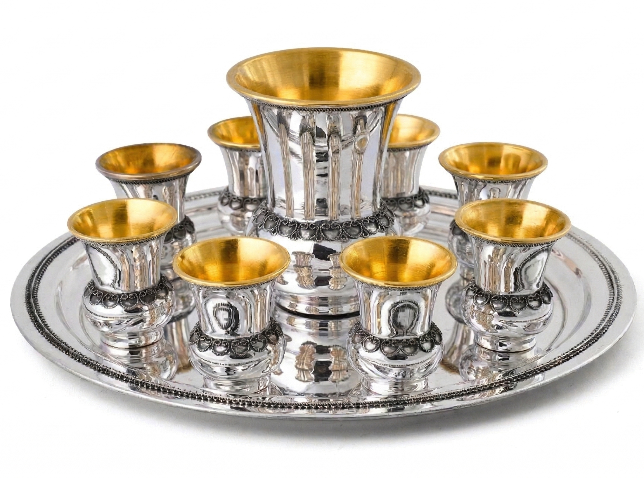 Sterling Silver Filigree Kiddush Cup Set with Eight Cups and Tray