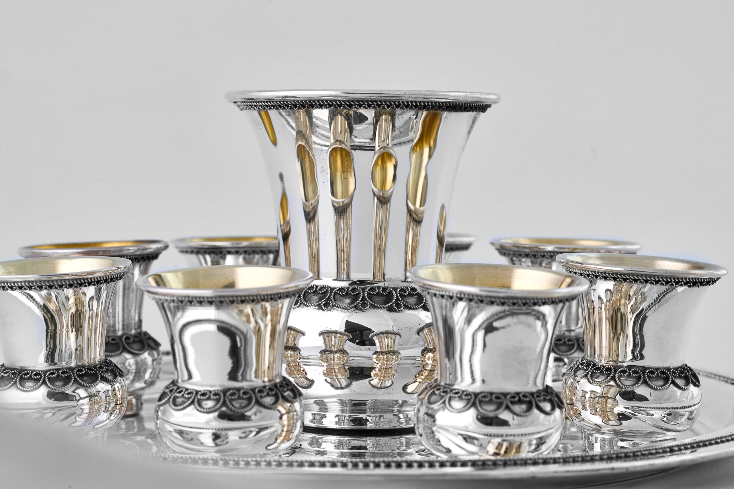 Sterling Silver Filigree Kiddush Cup Set with Eight Cups and Tray