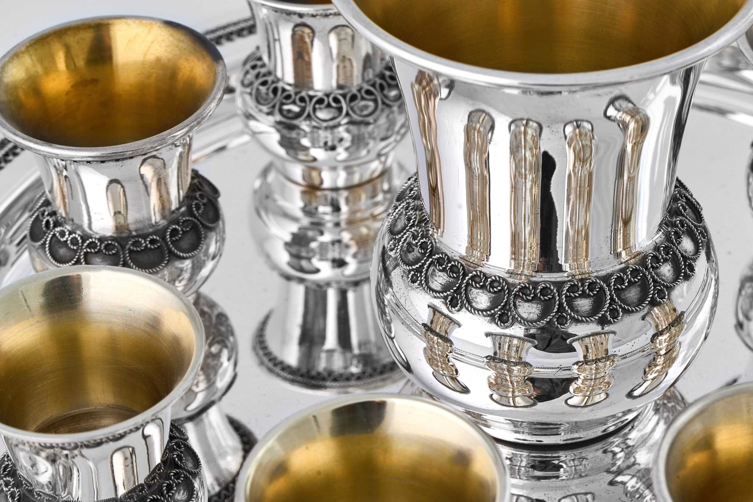 Sterling Silver Filigree Kiddush Cup Set with Eight Cups and Tray