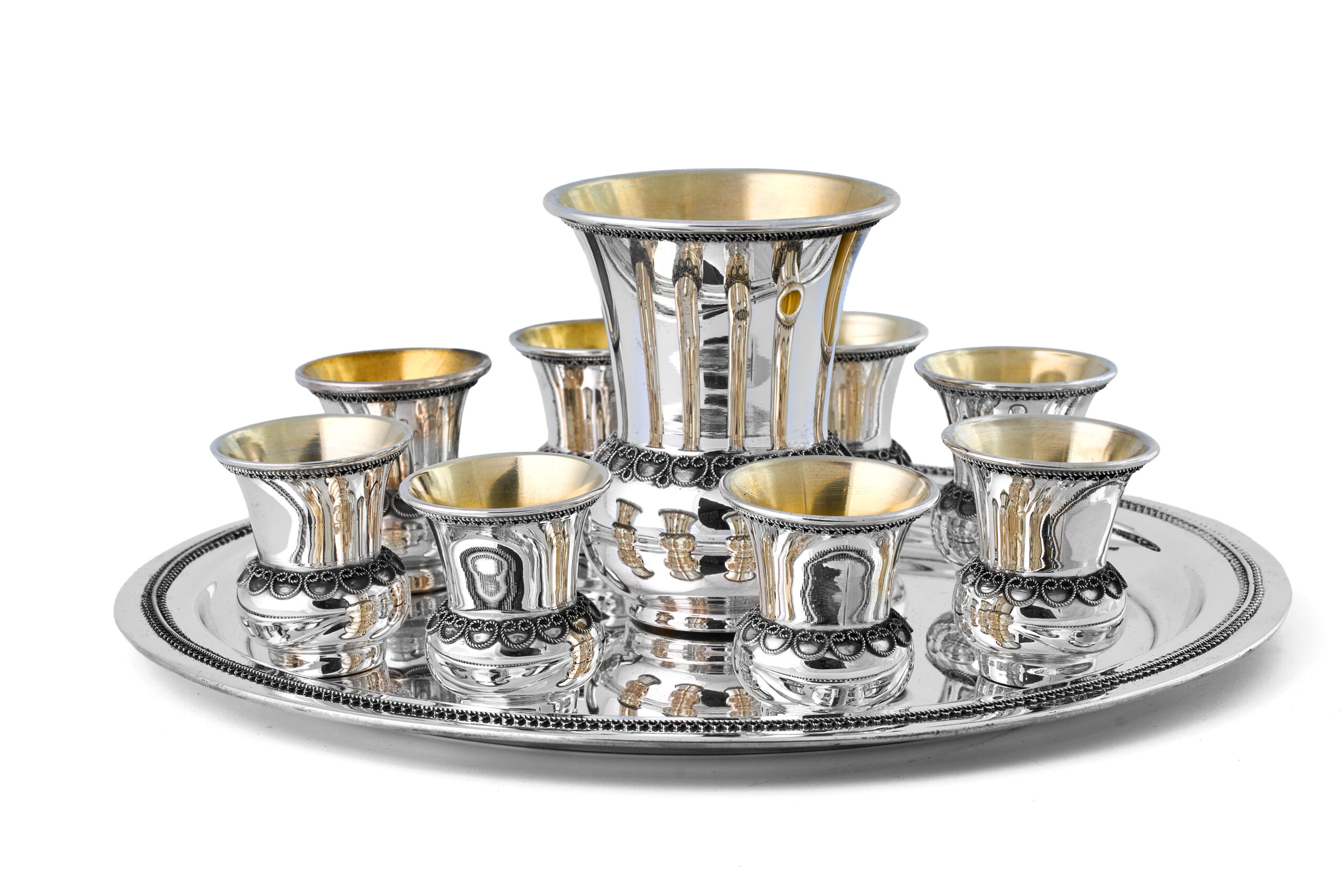 Sterling Silver Filigree Kiddush Cup Set with Eight Cups and Tray
