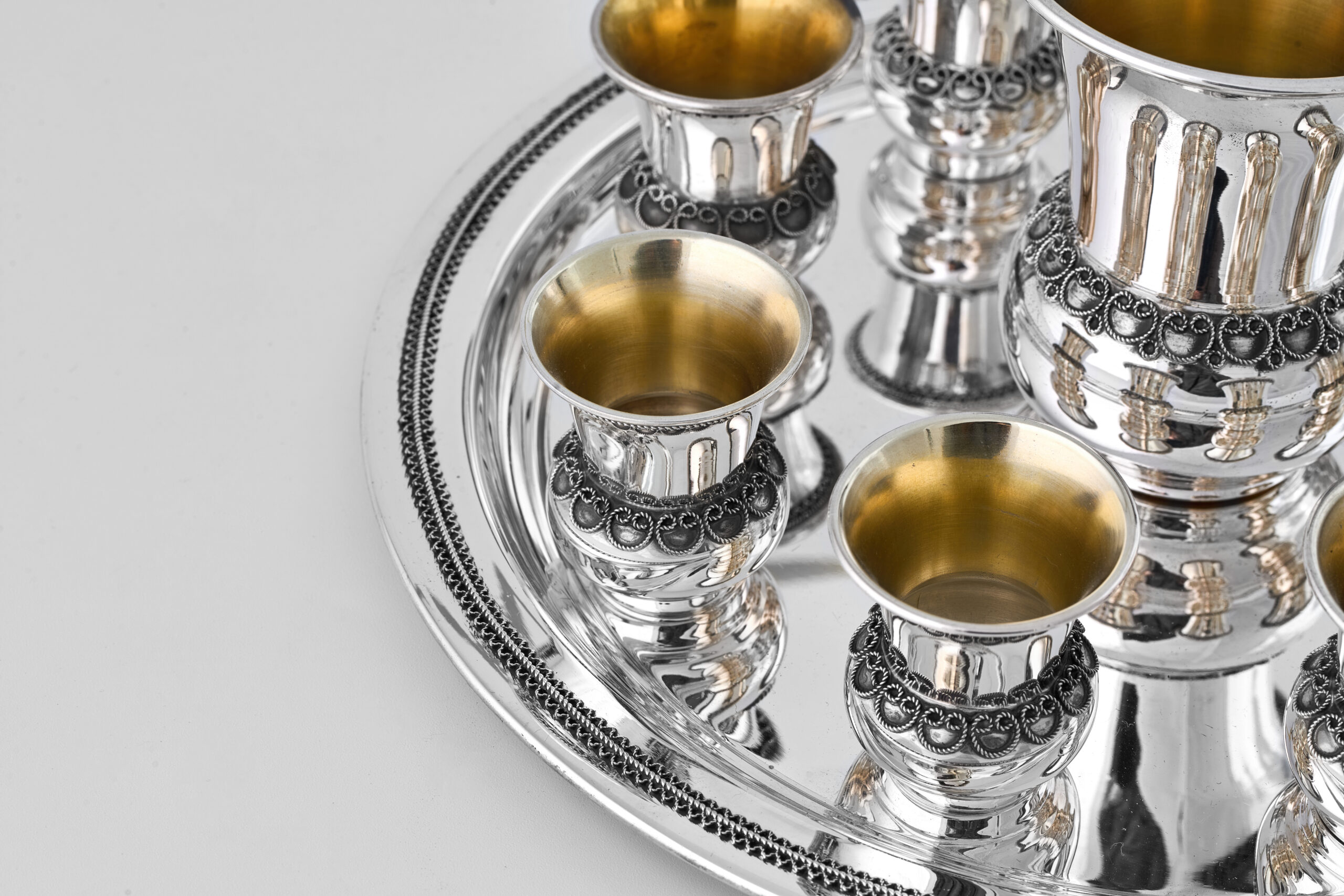 Sterling Silver Filigree Kiddush Cup Set with Eight Cups and Tray