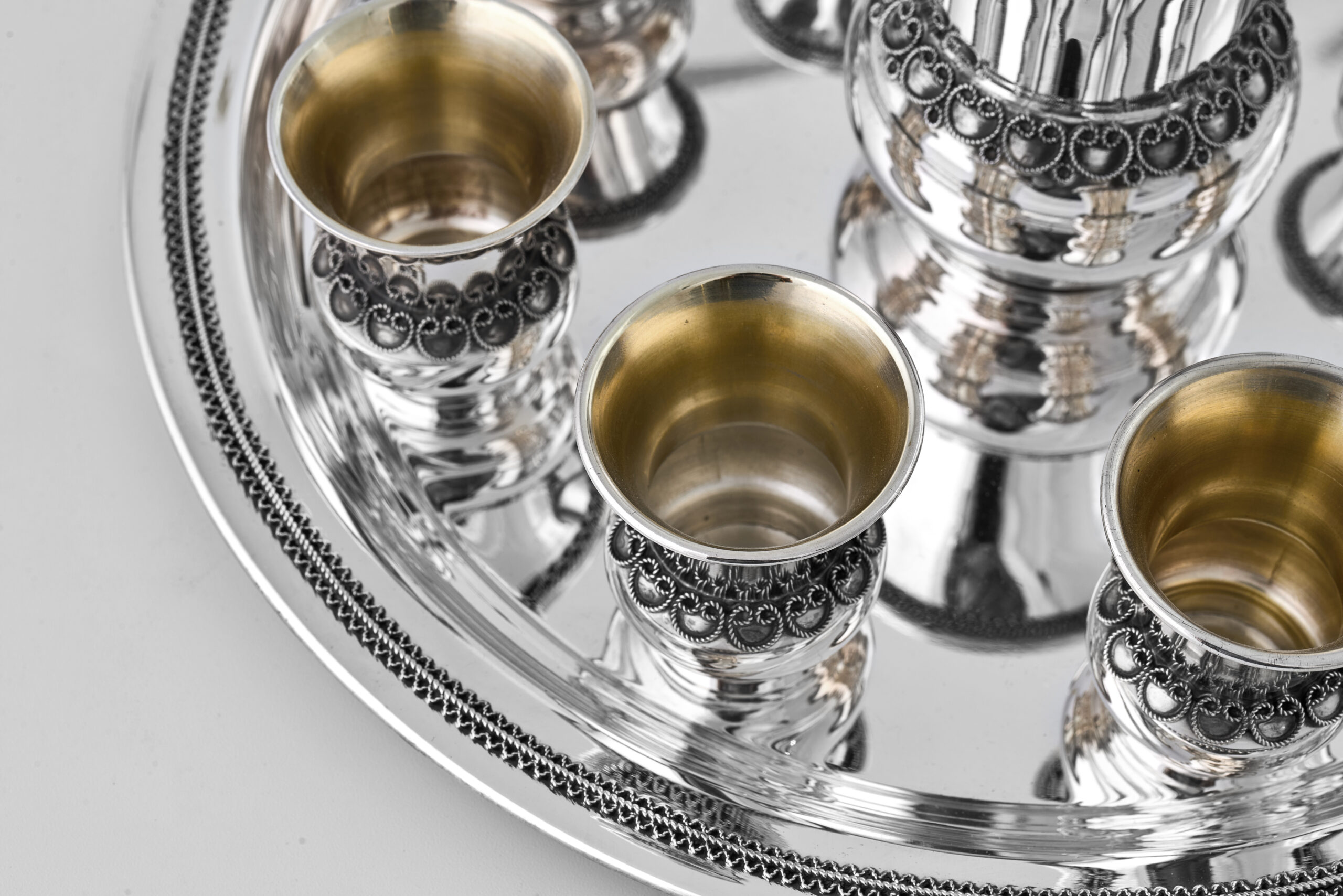 Sterling Silver Filigree Kiddush Cup Set with Eight Cups and Tray