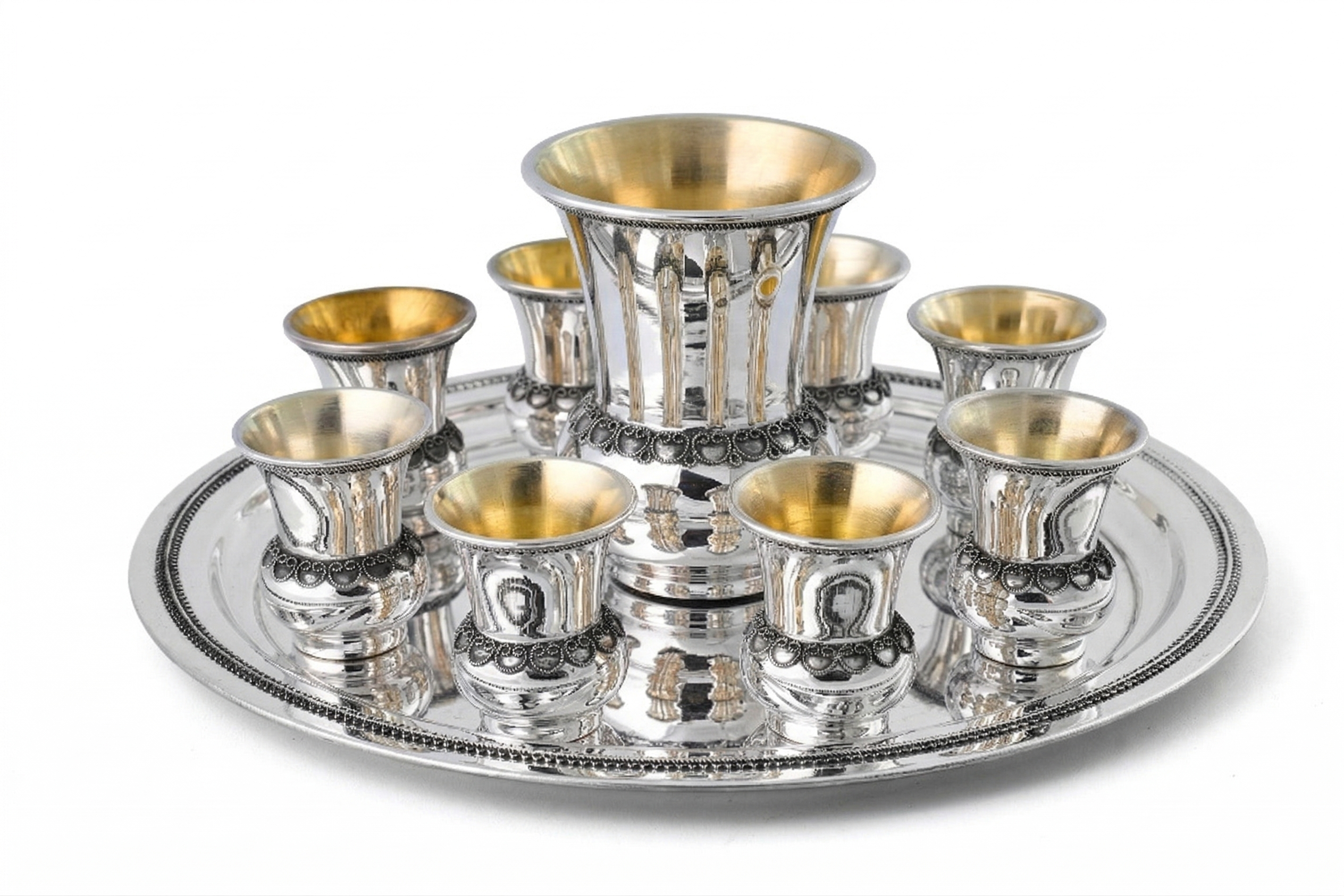 Sterling Silver Filigree Kiddush Cup Set with Eight Cups and Tray