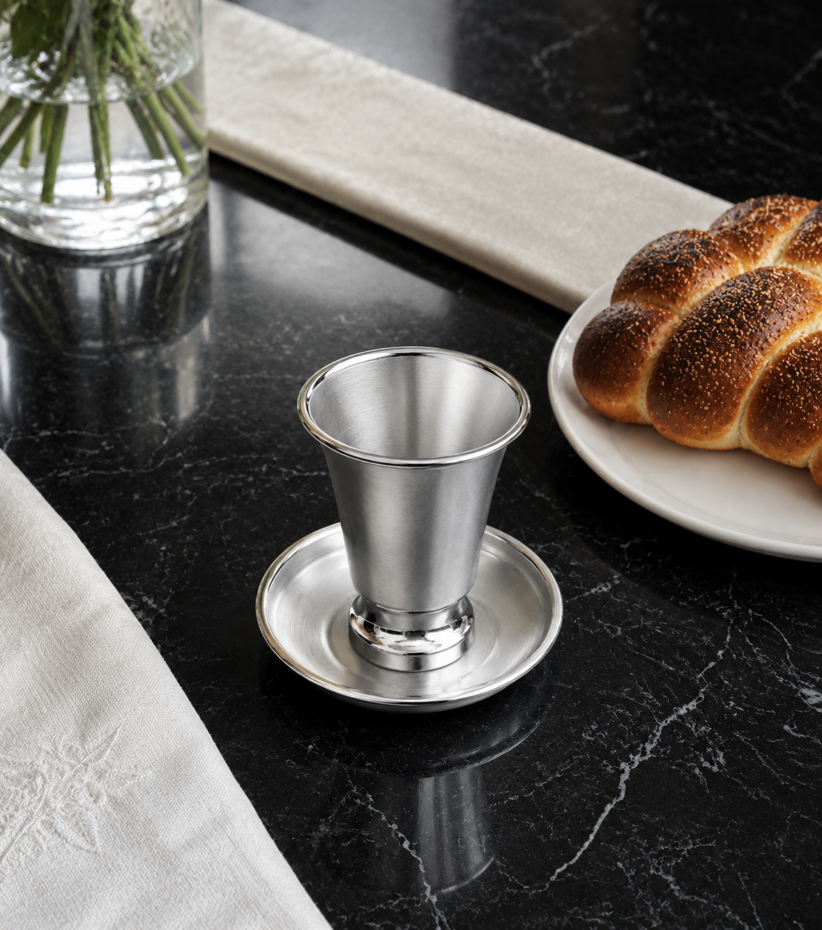 Engraved Aluminum Kiddush Cup with Silver Base and Matching Plate