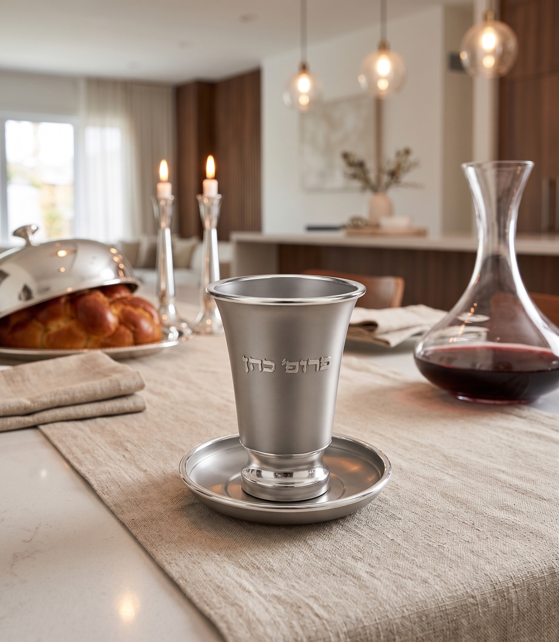 Engraved Aluminum Kiddush Cup with Silver Base and Matching Plate