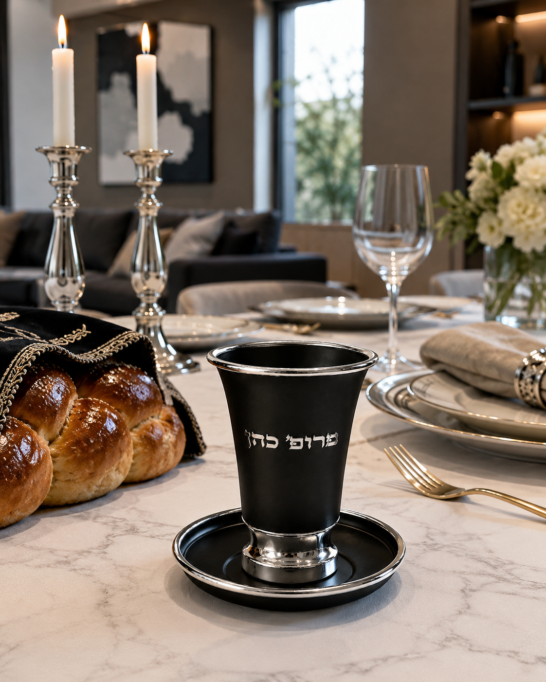 Engraved Aluminum Kiddush Cup with Silver Base and Matching Plate
