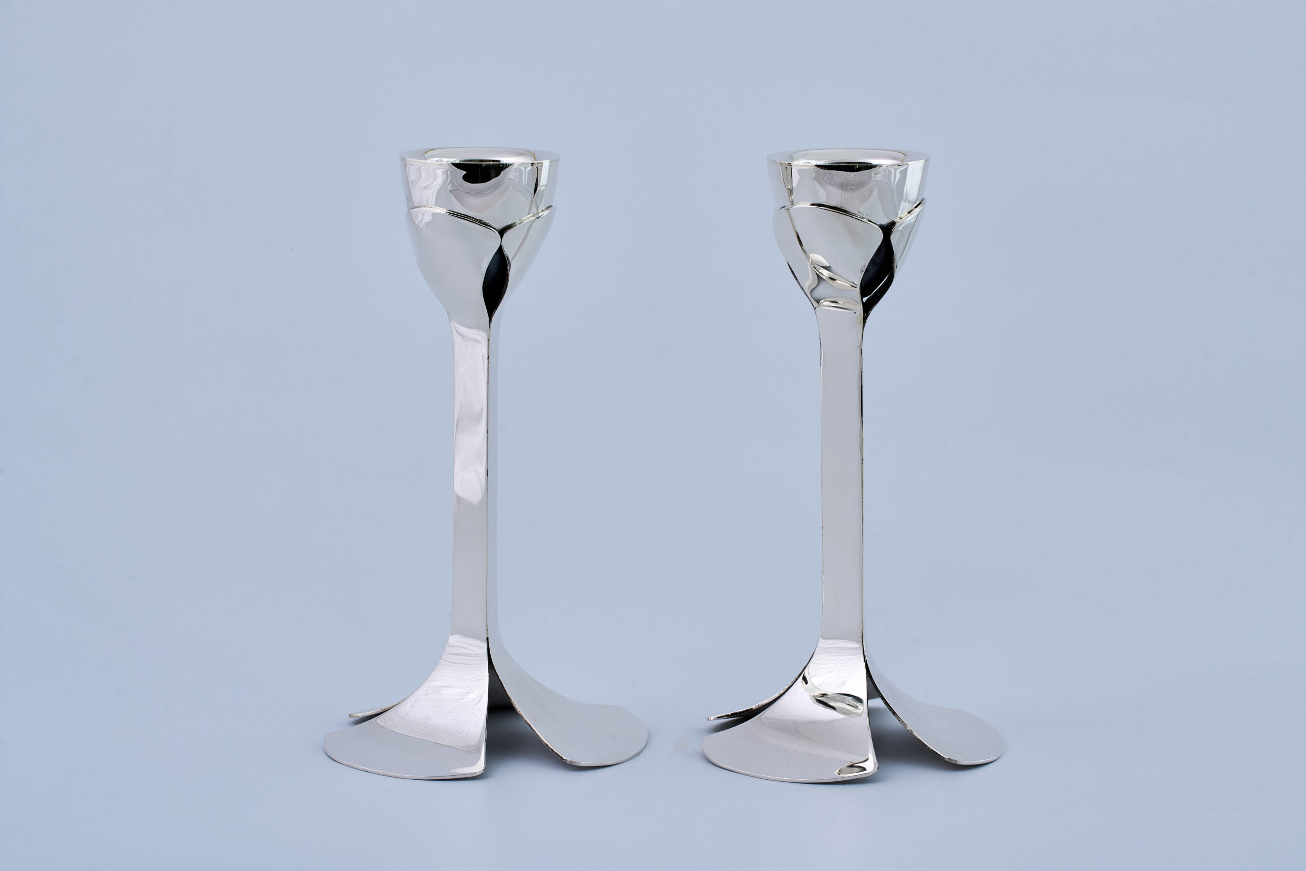 Artistic Floral Inspired Petal Base Sterling Silver Candle Holders
